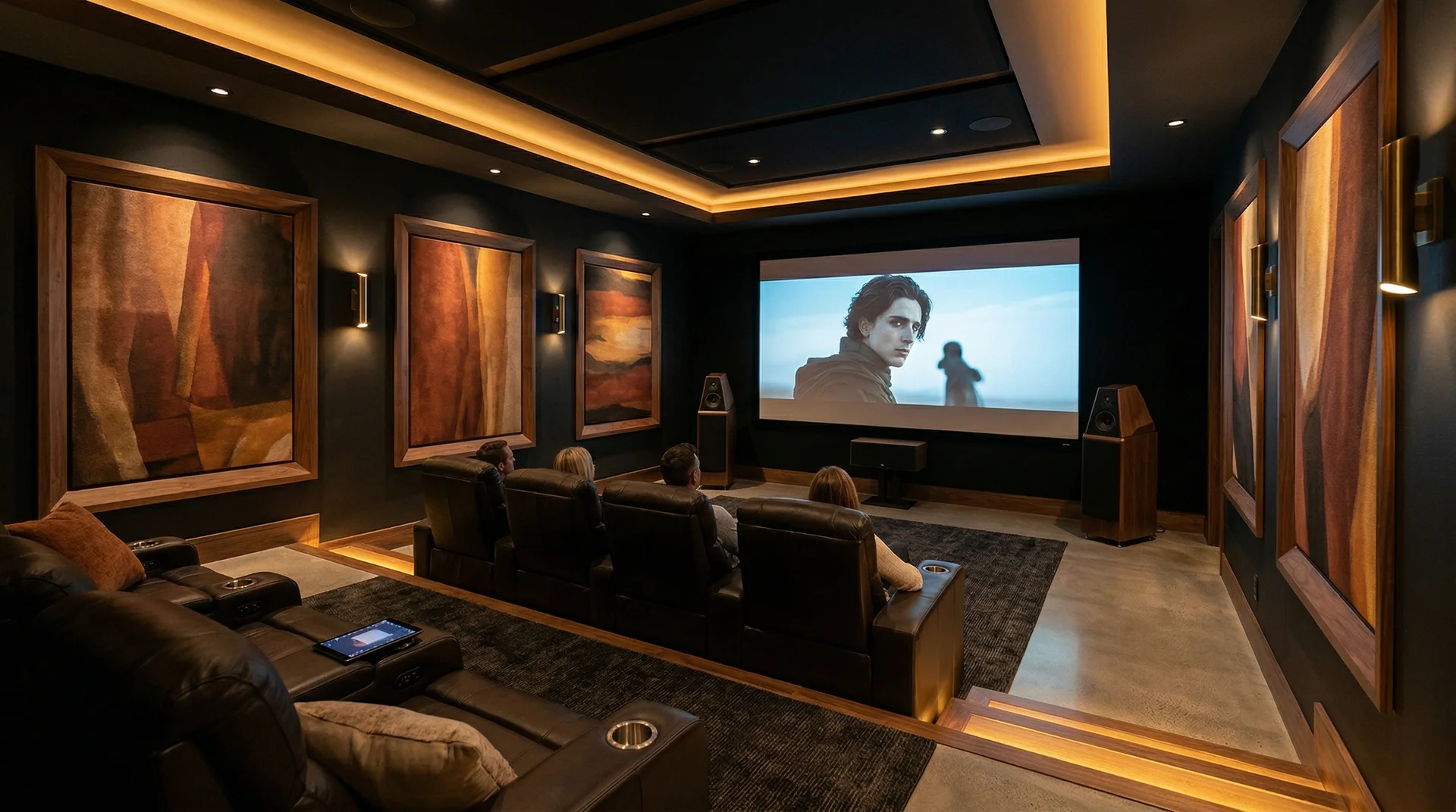 Luxury home theater in Scottsdale with fabric-wrapped acoustic panels in walnut frames flanking tower speakers