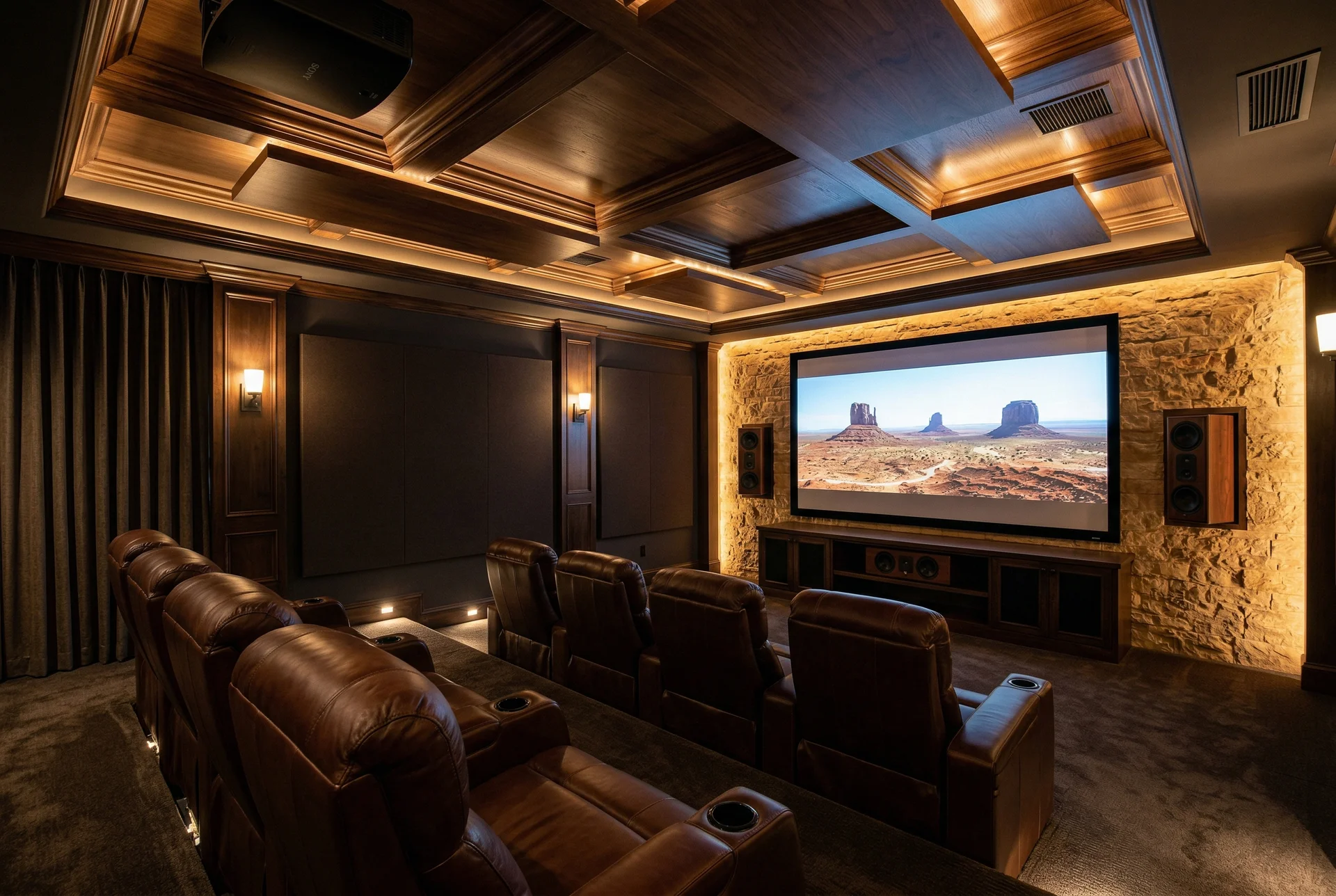 Home theater with coffered ceiling acoustic cloud panels and sandstone accent wall in Scottsdale
