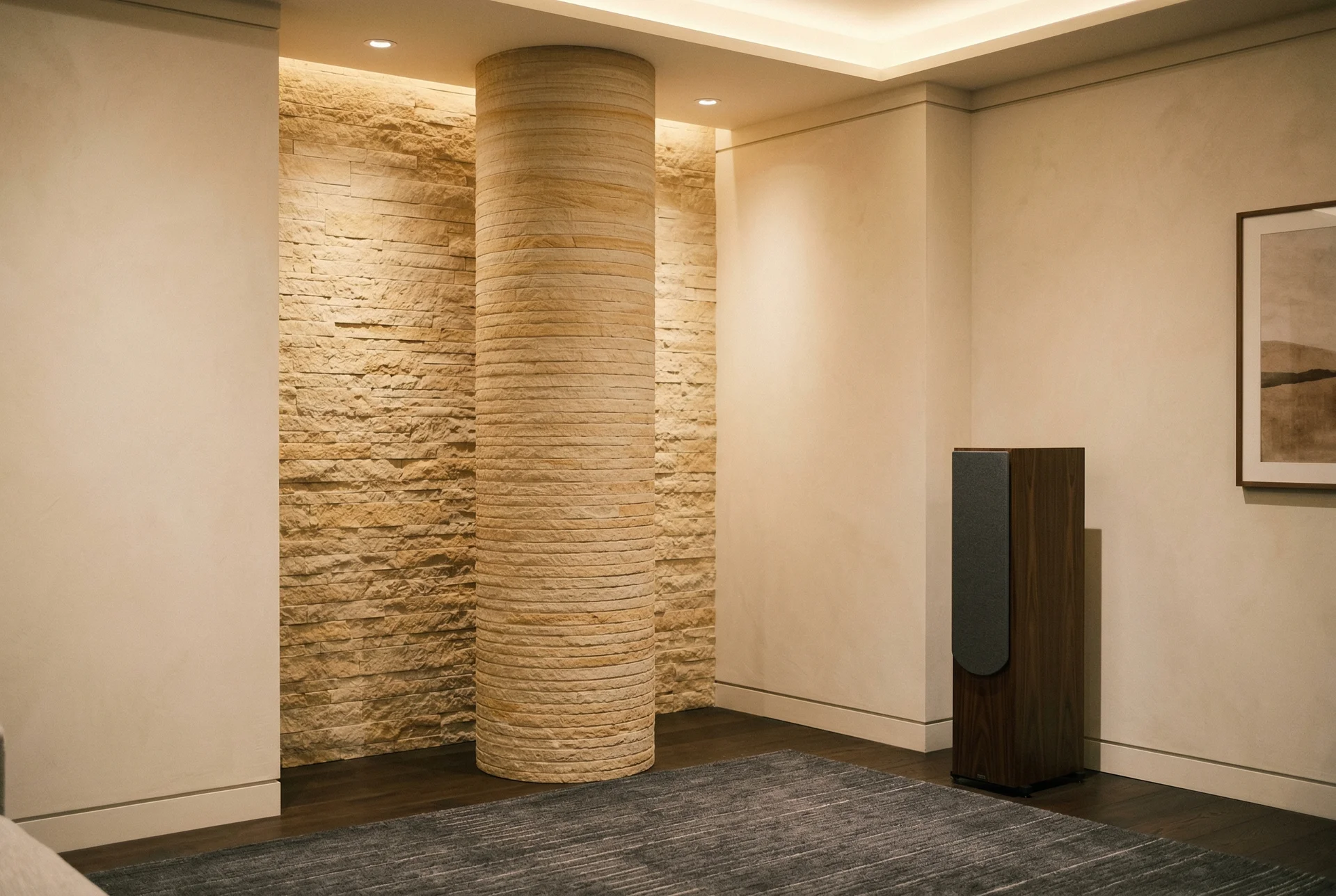 Corner bass trap disguised as sandstone architectural column next to custom tower speaker