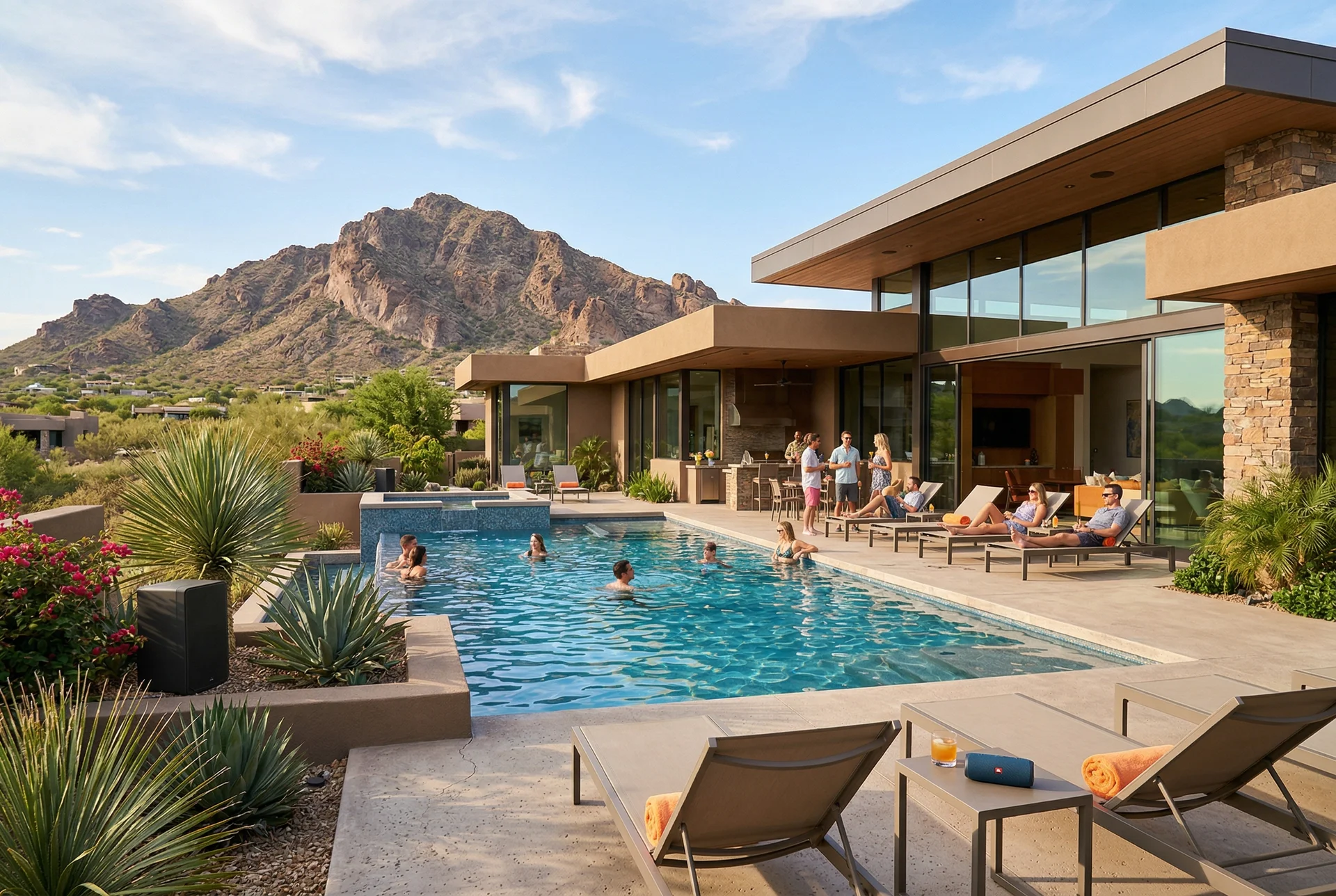 Resort-style pool area with landscape speakers during a daytime gathering in Paradise Valley Arizona home