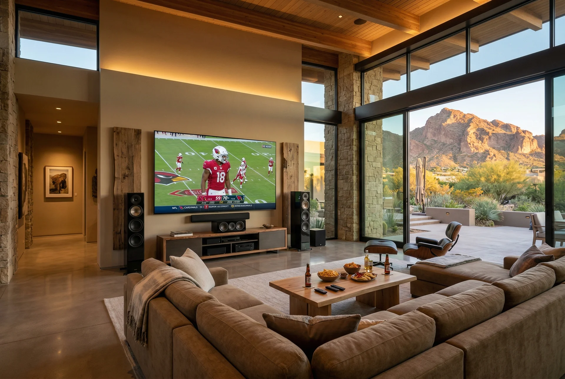 Indoor great room with tower speakers set up for game day viewing on large screen in Paradise Valley Arizona home