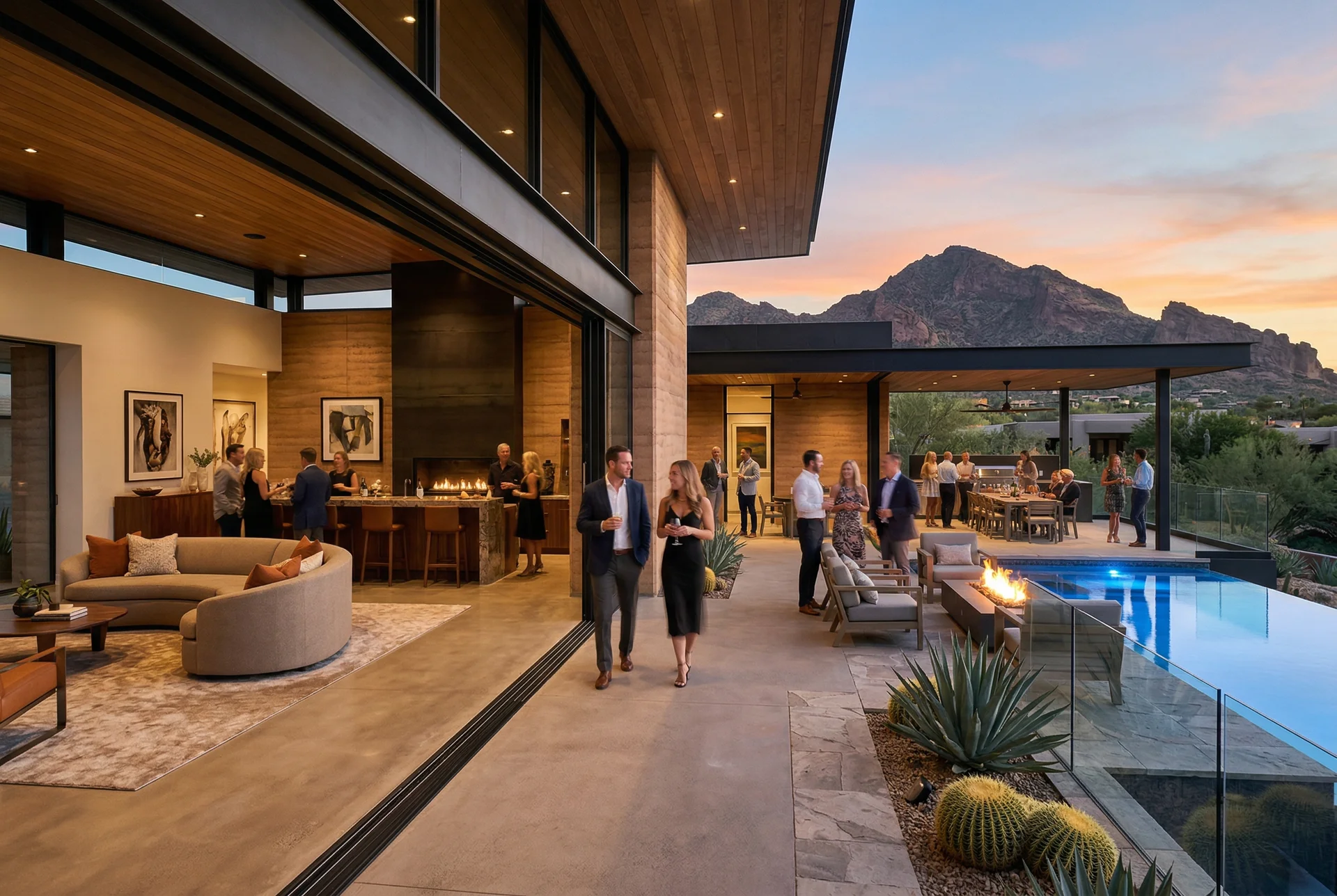 Indoor-outdoor entertaining flow with guests moving between patio and living room in Paradise Valley Arizona home