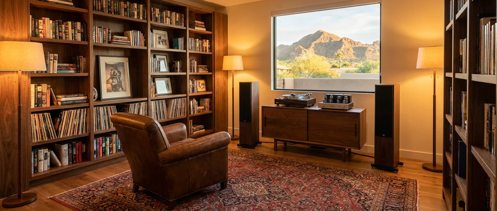 High-end two-channel audio system with WubWub tower speakers in a Paradise Valley AZ home den