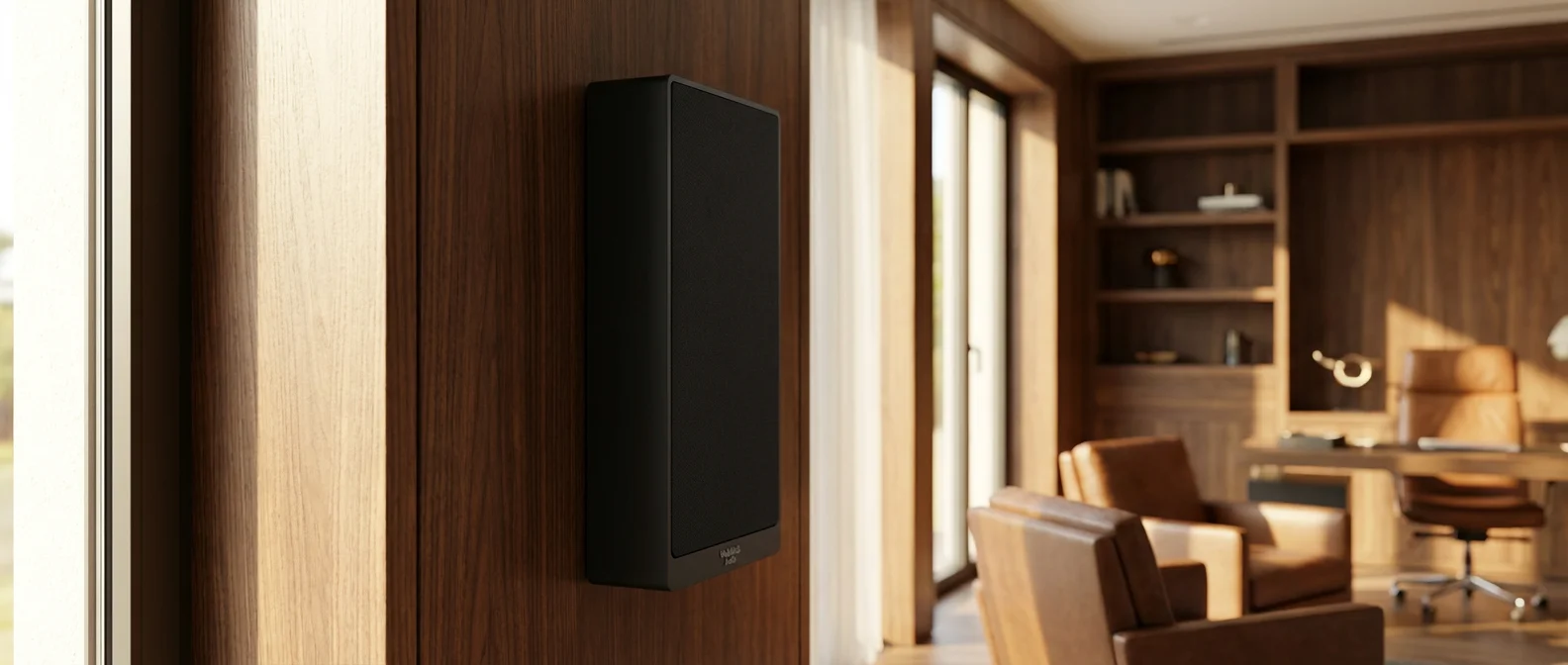 WubWub Audio custom DSP on-wall speaker mounted on walnut wall in a Scottsdale AZ luxury home office