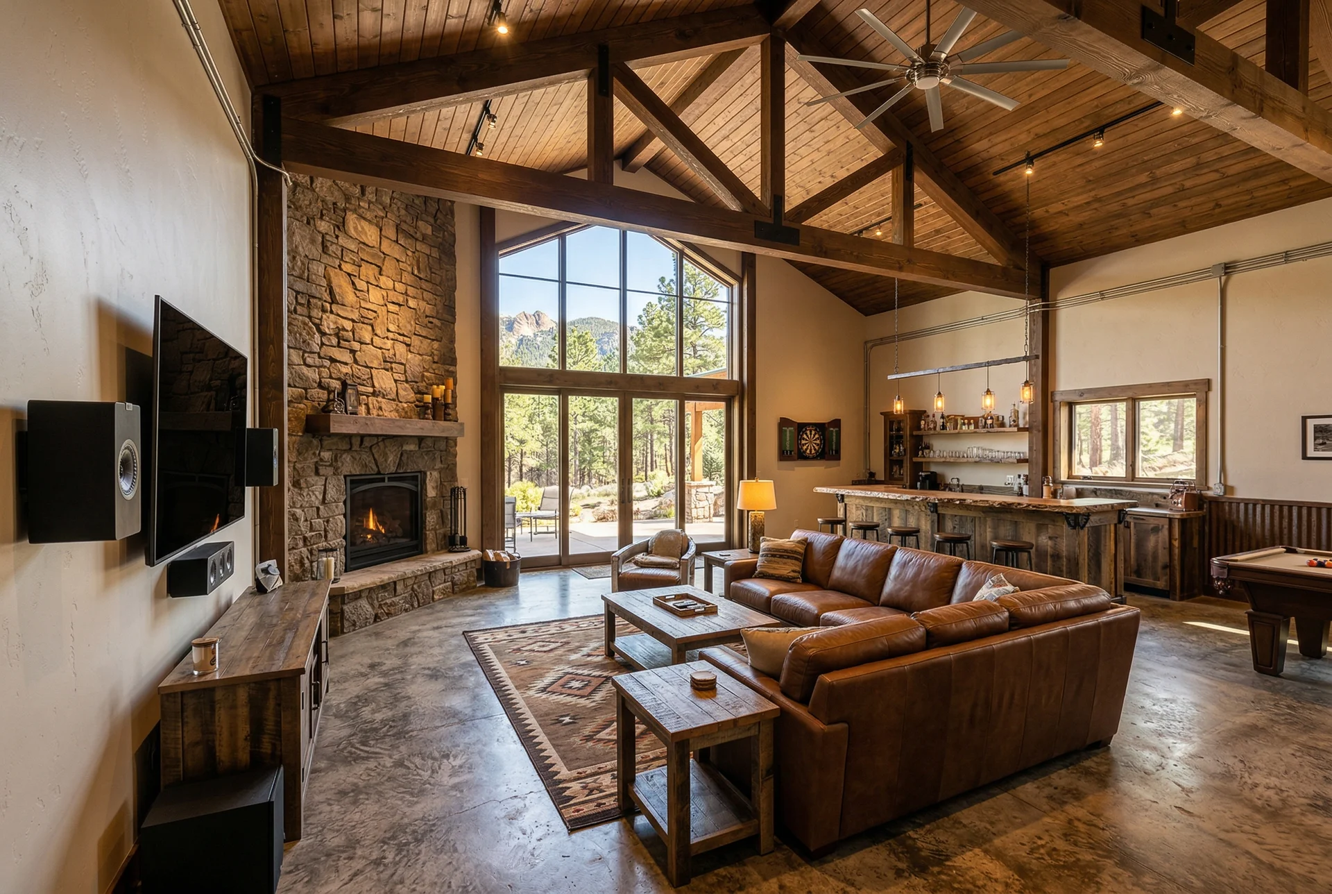 Converted shop barn entertainment space with on-wall speakers in Prescott Arizona