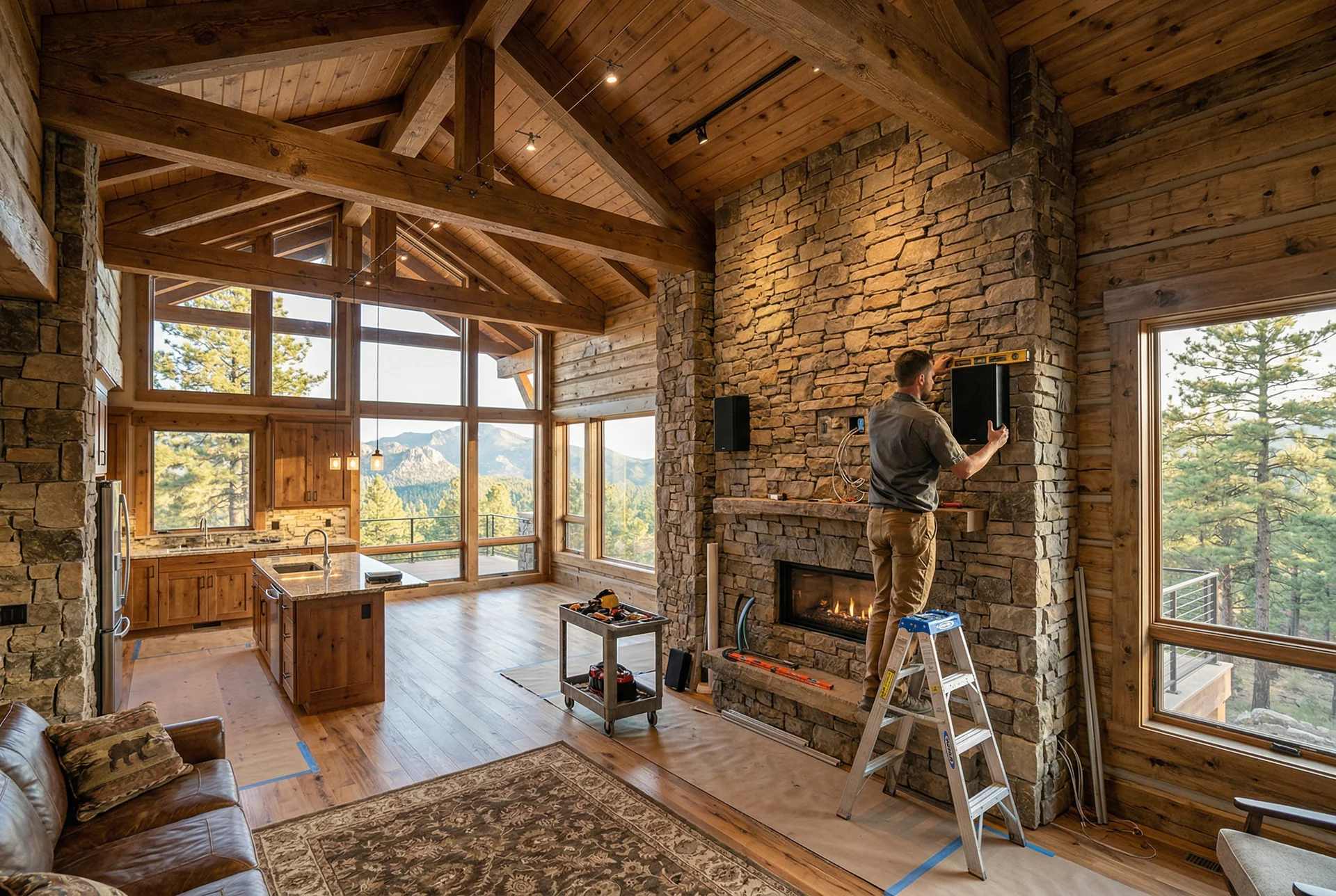 New construction open-concept home with on-wall speakers being positioned in Prescott Arizona
