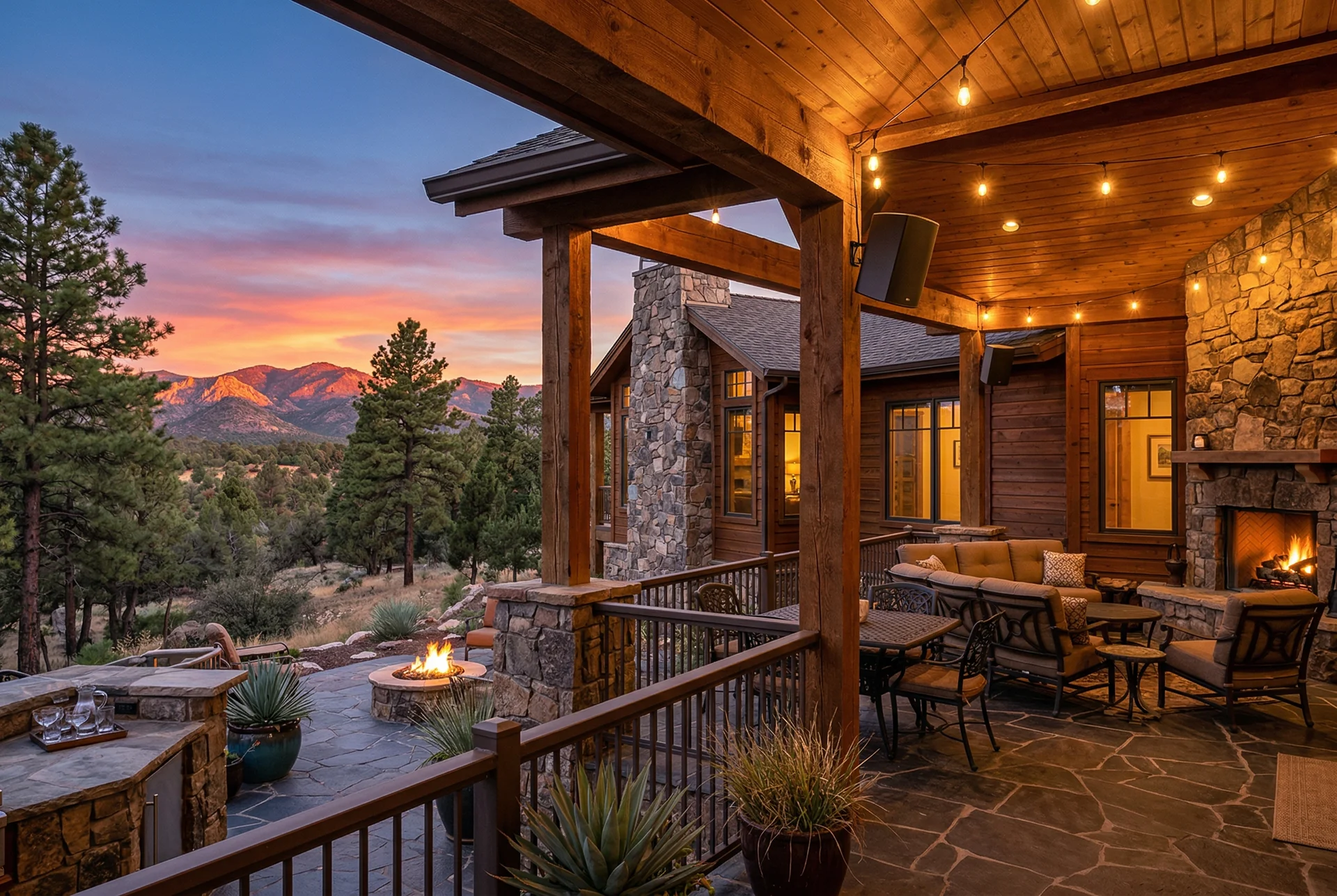 Covered patio at dusk on ranch property with landscape speakers in Prescott Arizona