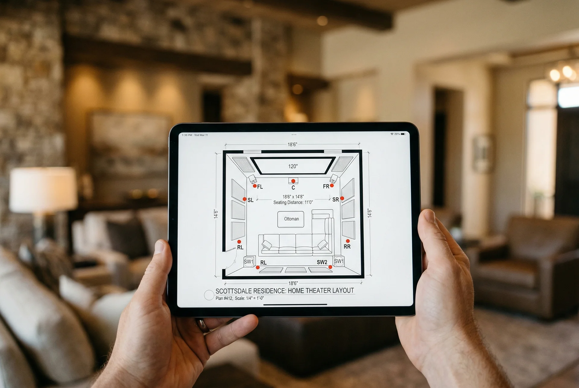 Home theater system design layout on tablet showing speaker placement plan for Scottsdale home