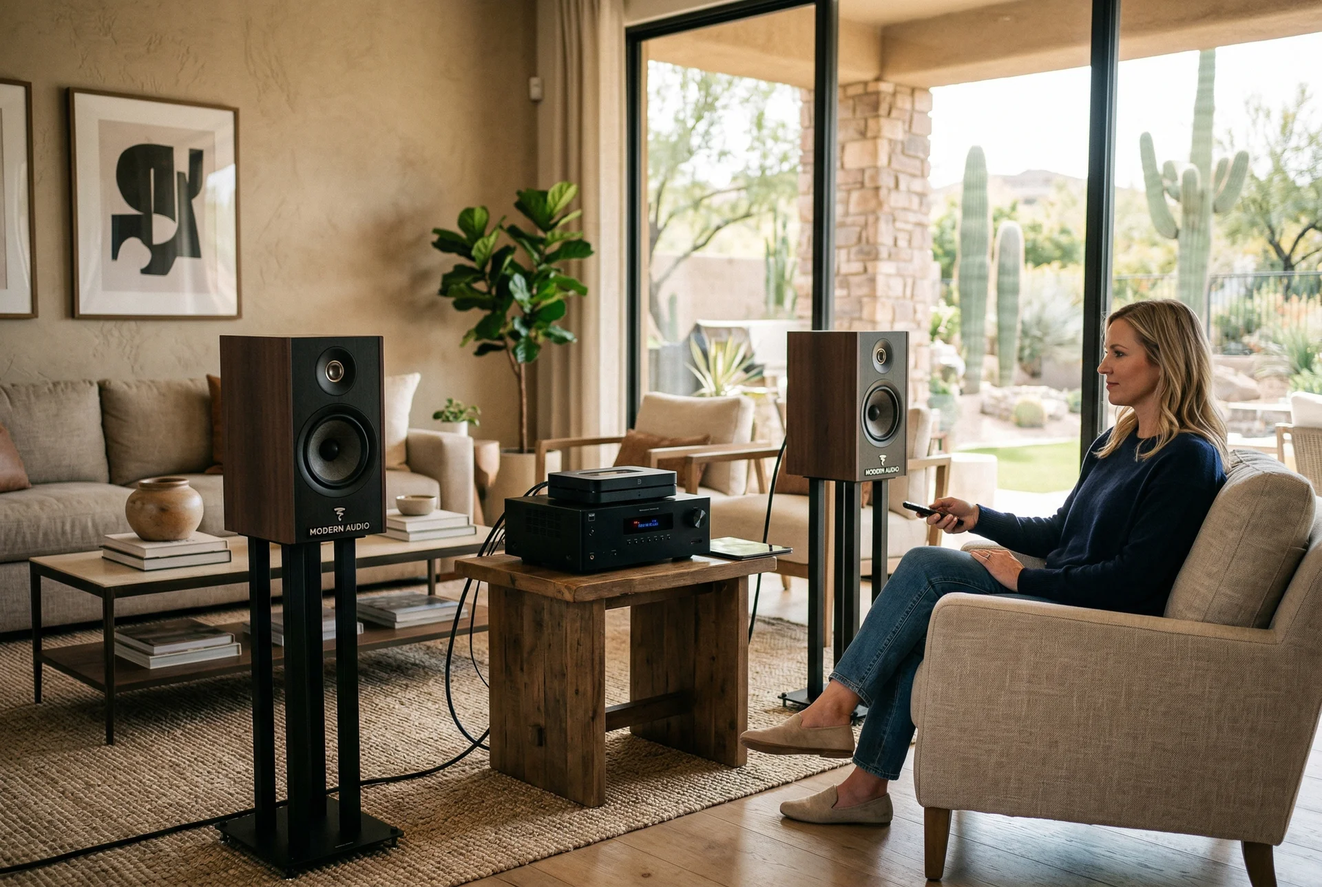 Portable demo speakers set up for in-home audio demonstration in Scottsdale living room