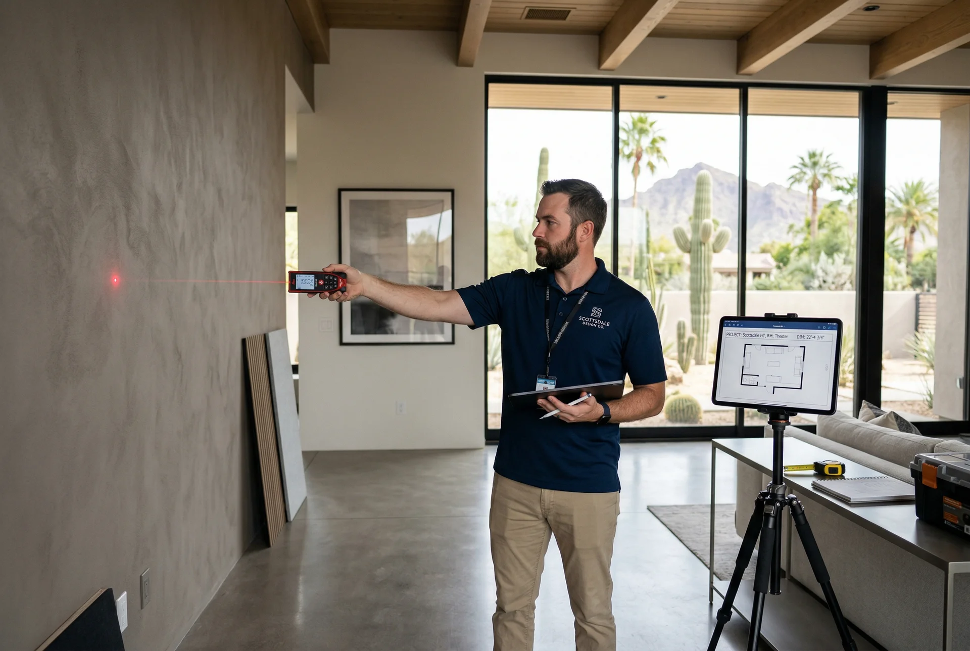 Room measurements being taken with laser meter during Scottsdale home theater consultation