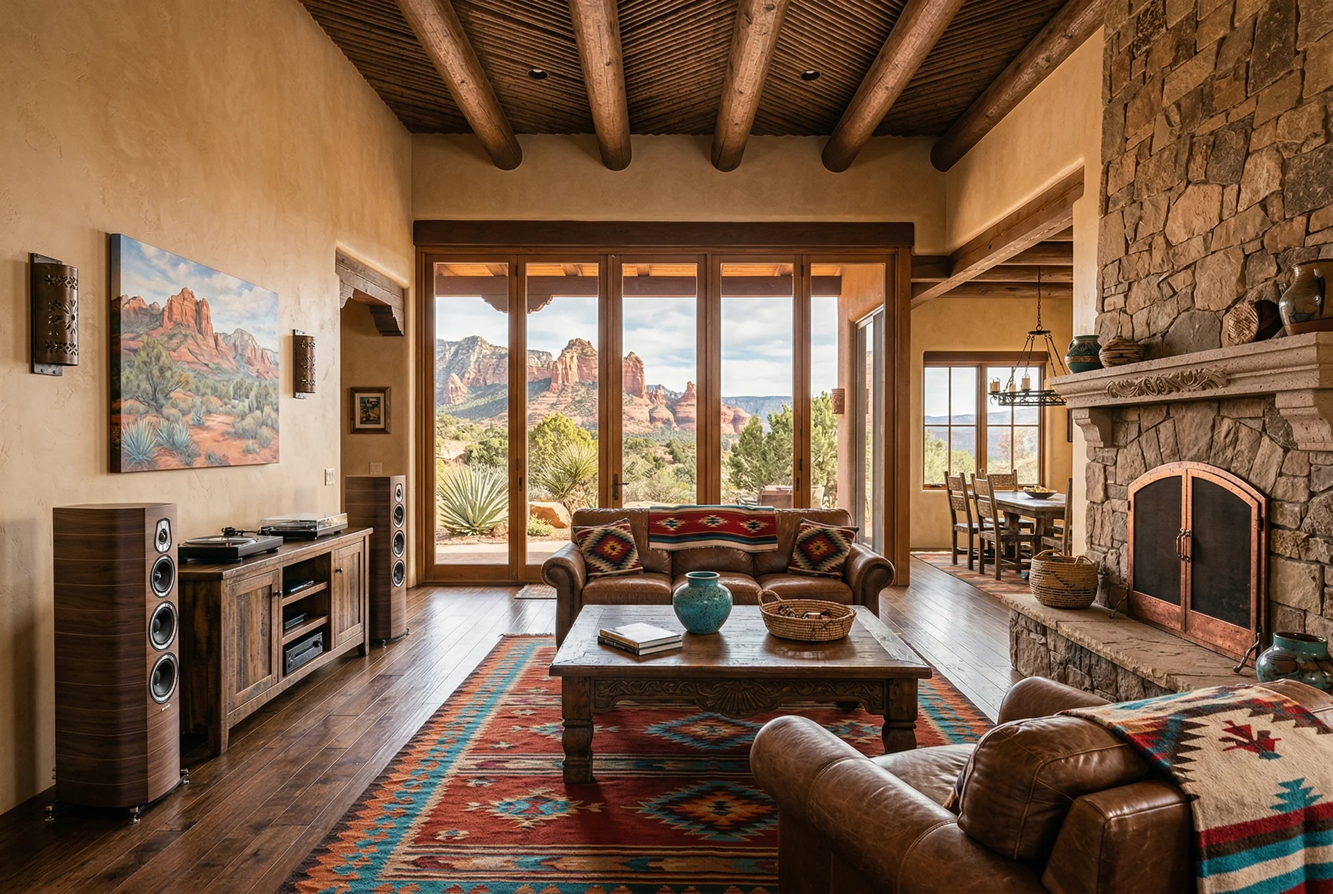 Cornville ranch home living room with tower speakers and southwestern decor in Sedona Arizona