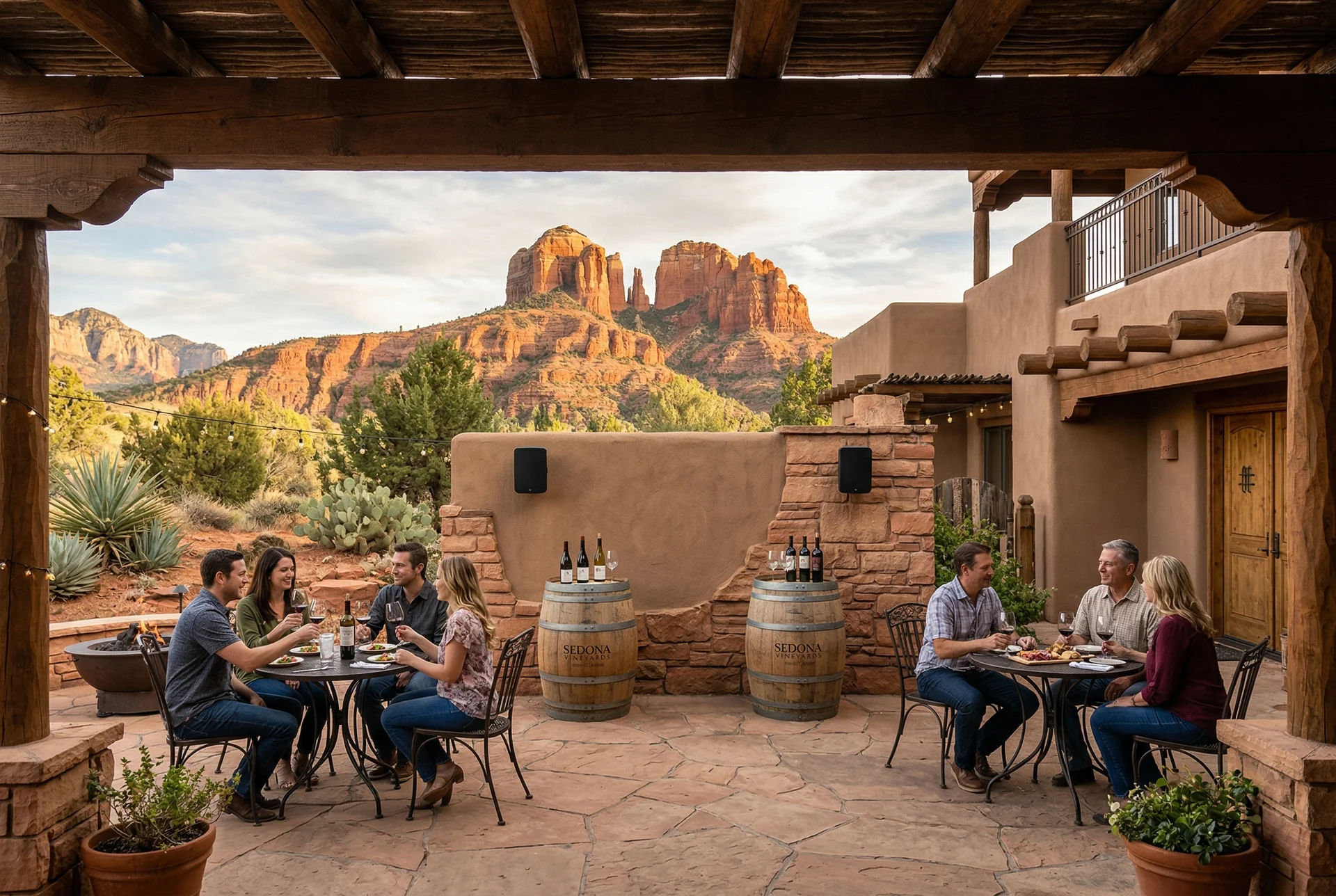 Outdoor tasting area with on-wall speakers in Sedona Arizona