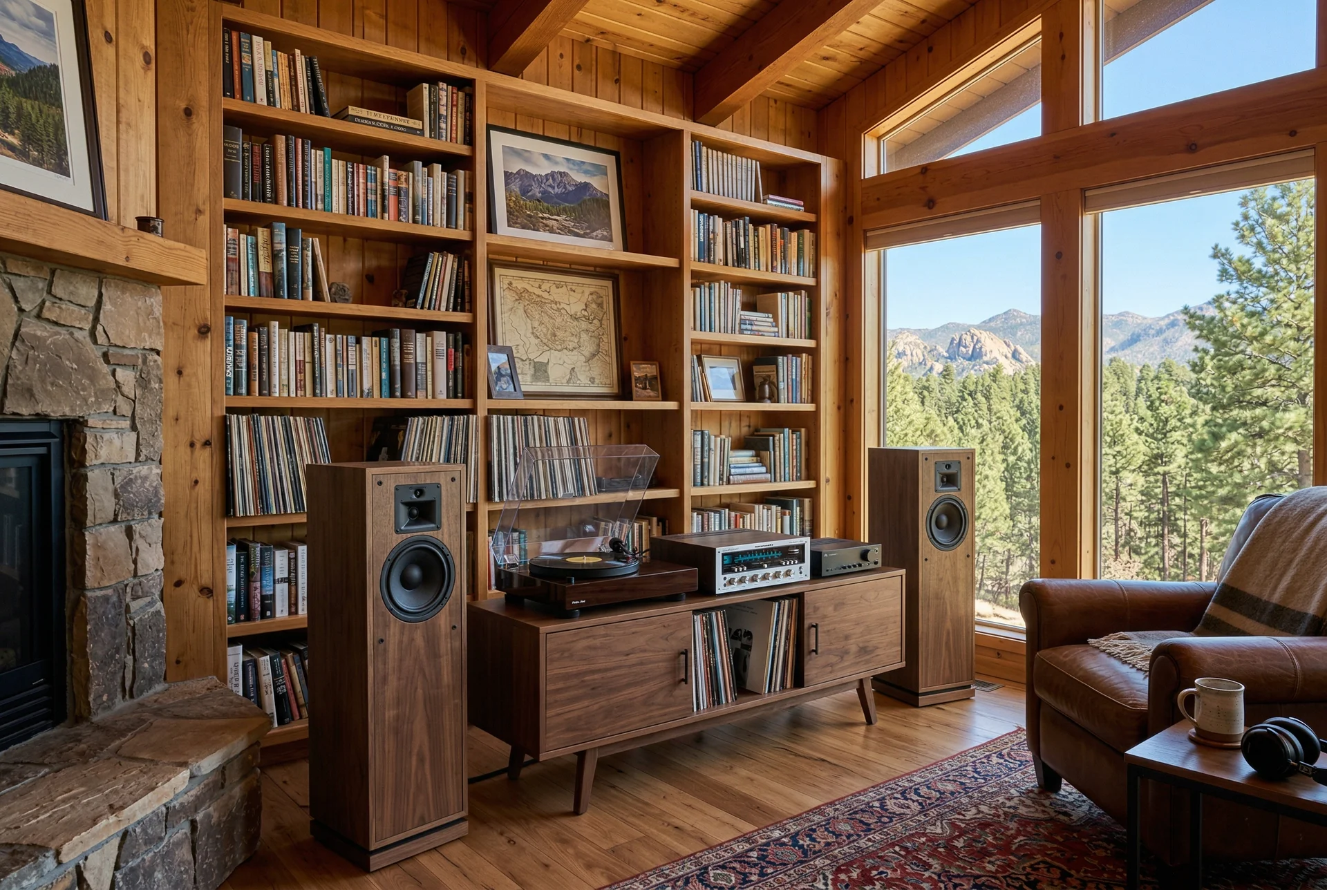 Vinyl turntable setup with tower speakers in warm wood-paneled study with bookshelves in Prescott Arizona