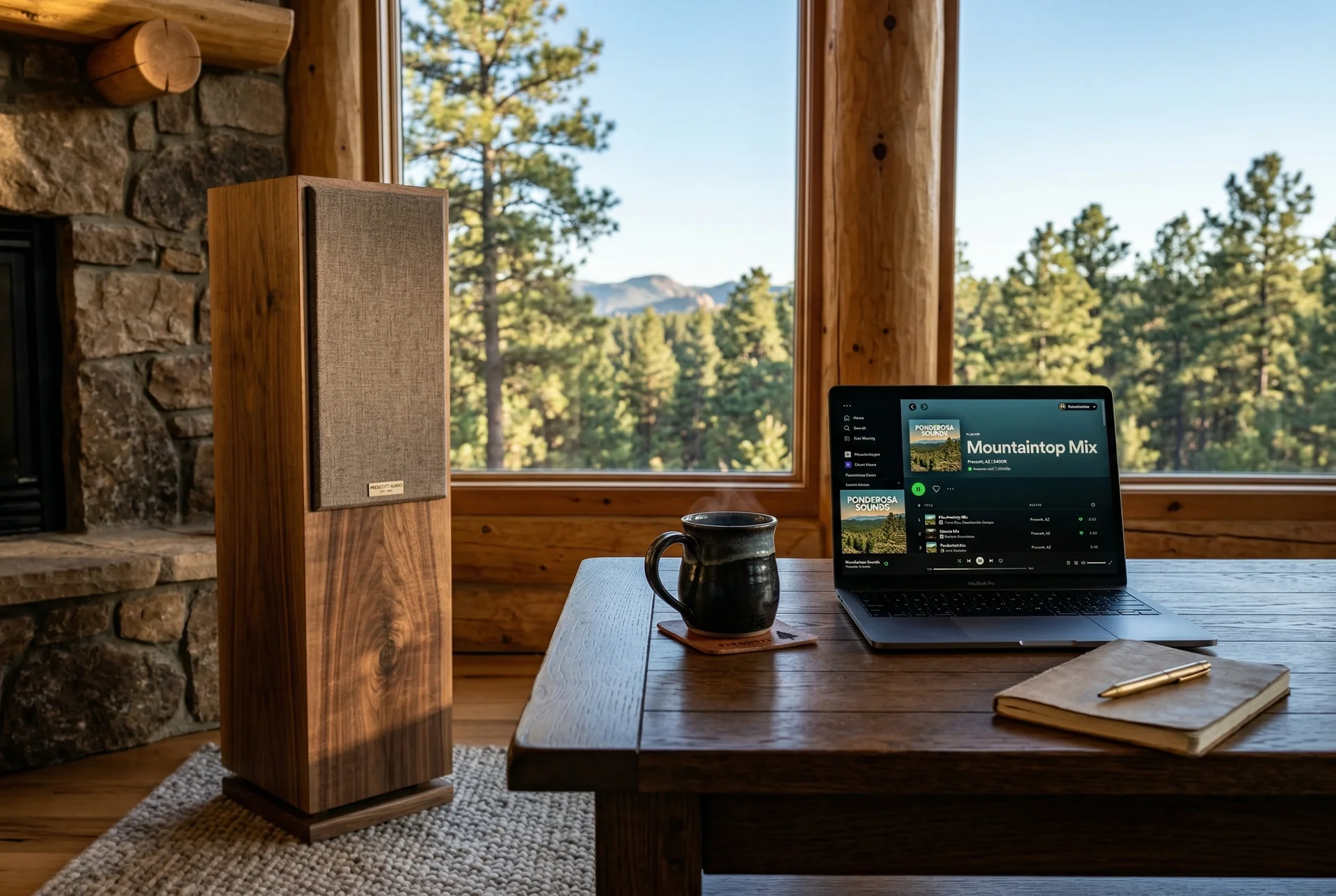 Close-up of custom tower speaker in walnut finish next to desk with laptop and coffee mug in Prescott Arizona