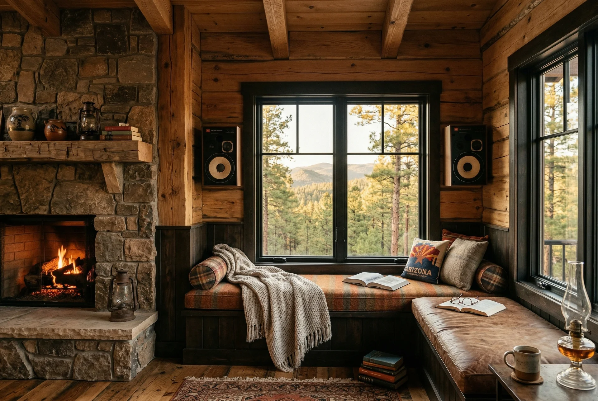 Cozy reading nook with on-wall speakers in mountain cabin in Prescott Arizona