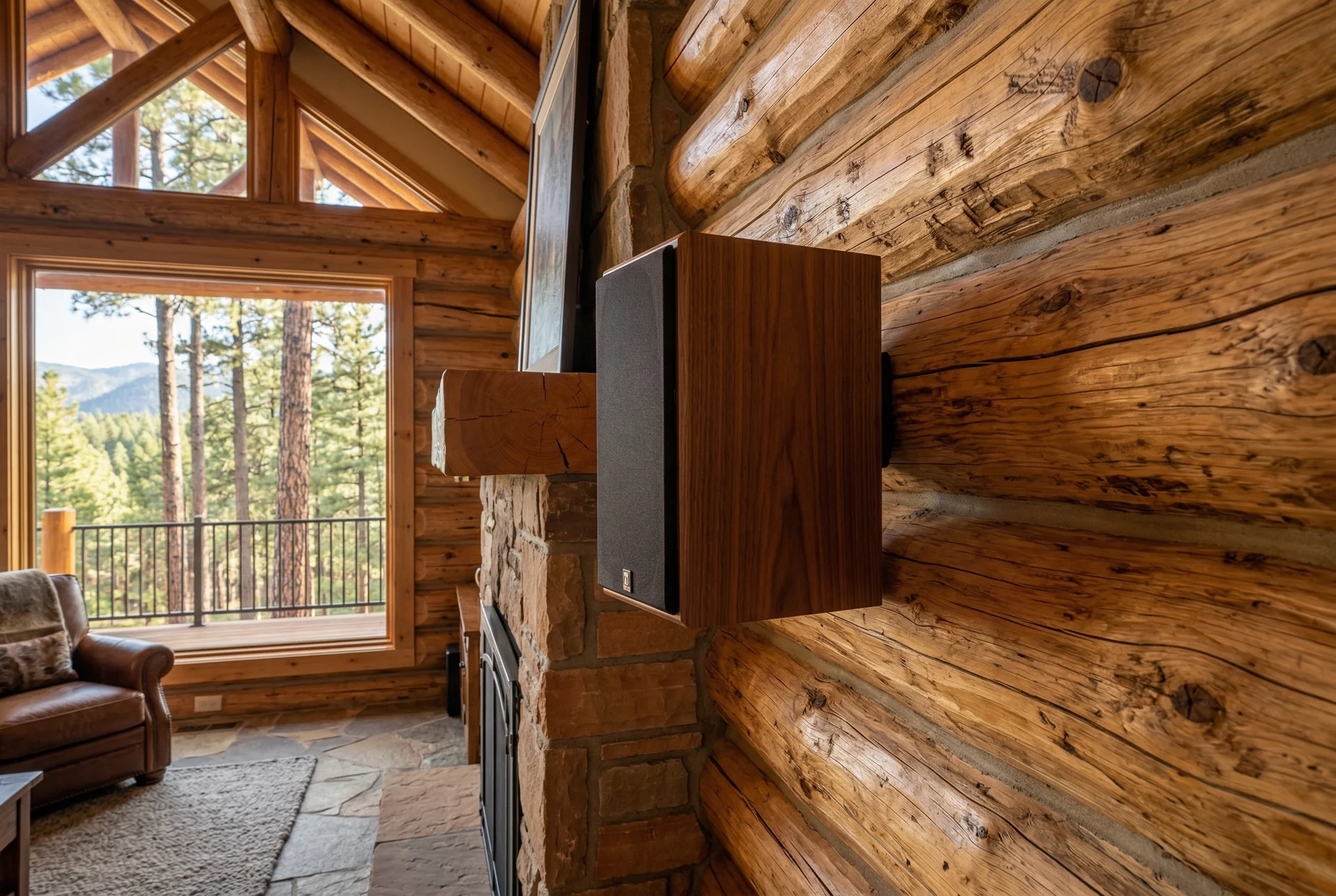 On-wall speaker mounted on a log wall showing how it integrates with timber construction in Prescott Arizona