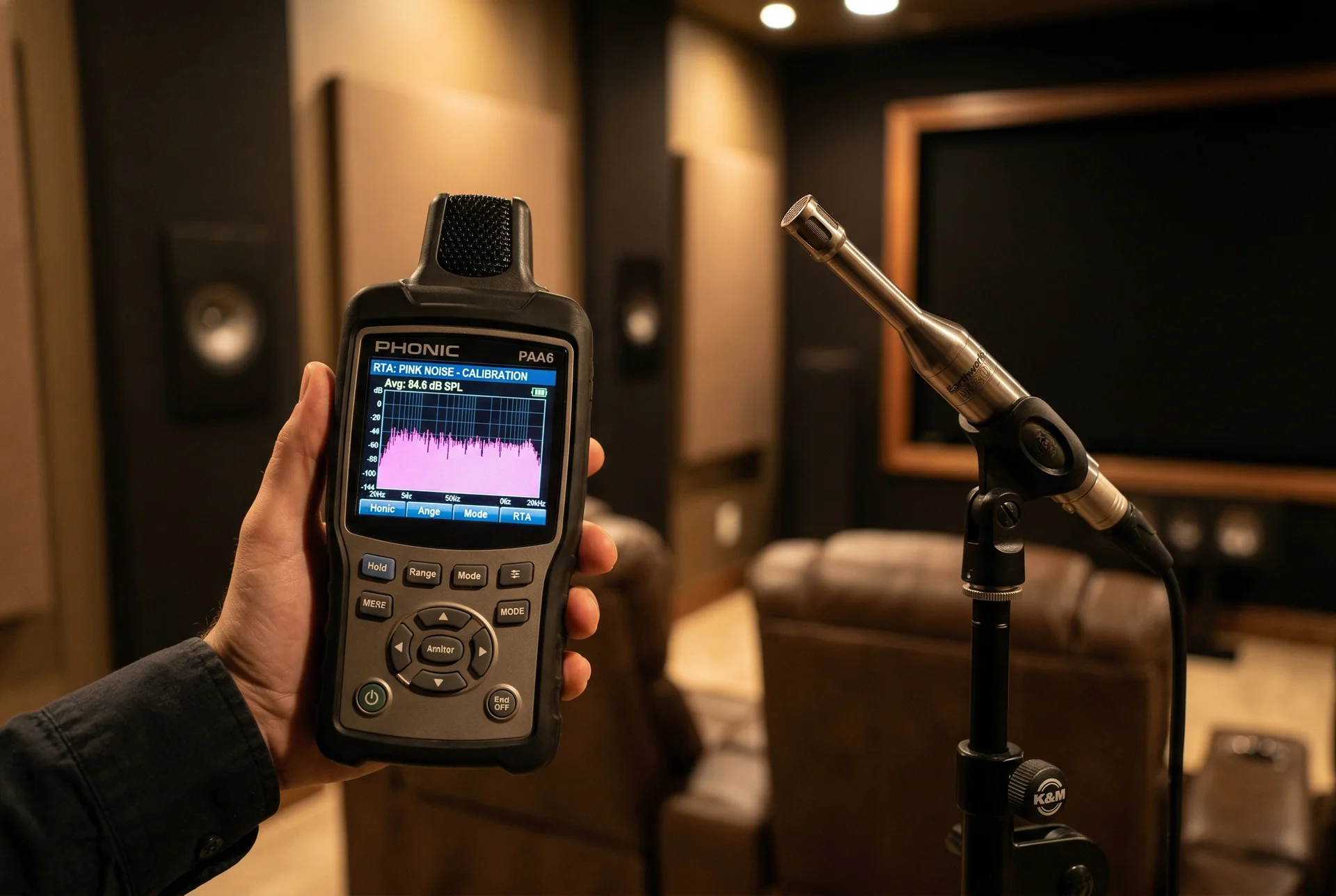 Handheld audio analyzer showing frequency response curve next to measurement microphone in Scottsdale home theater