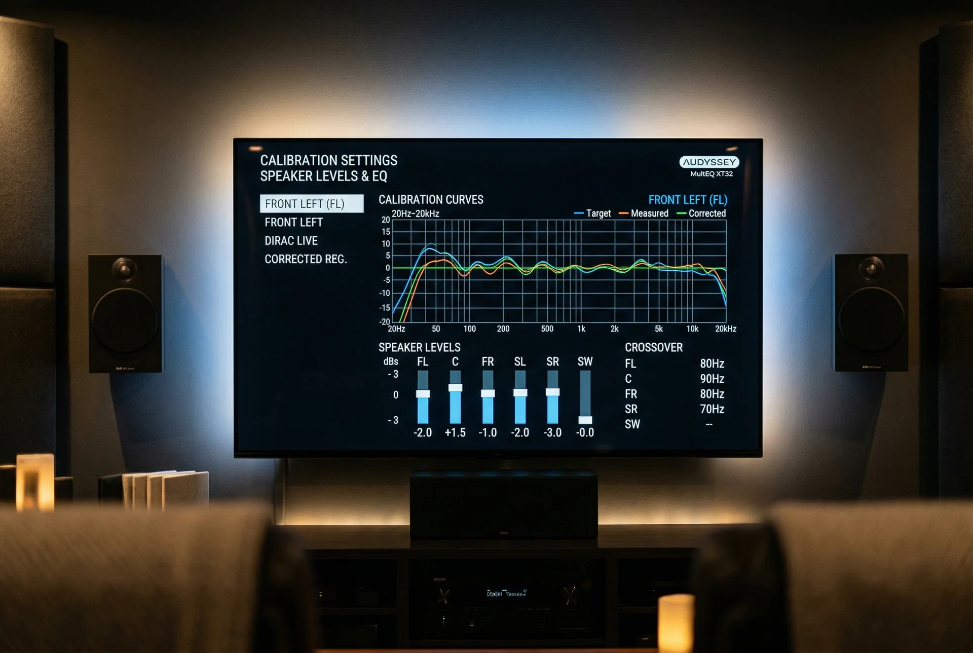 Home theater receiver calibration screen showing professional EQ adjustments with on-wall speakers