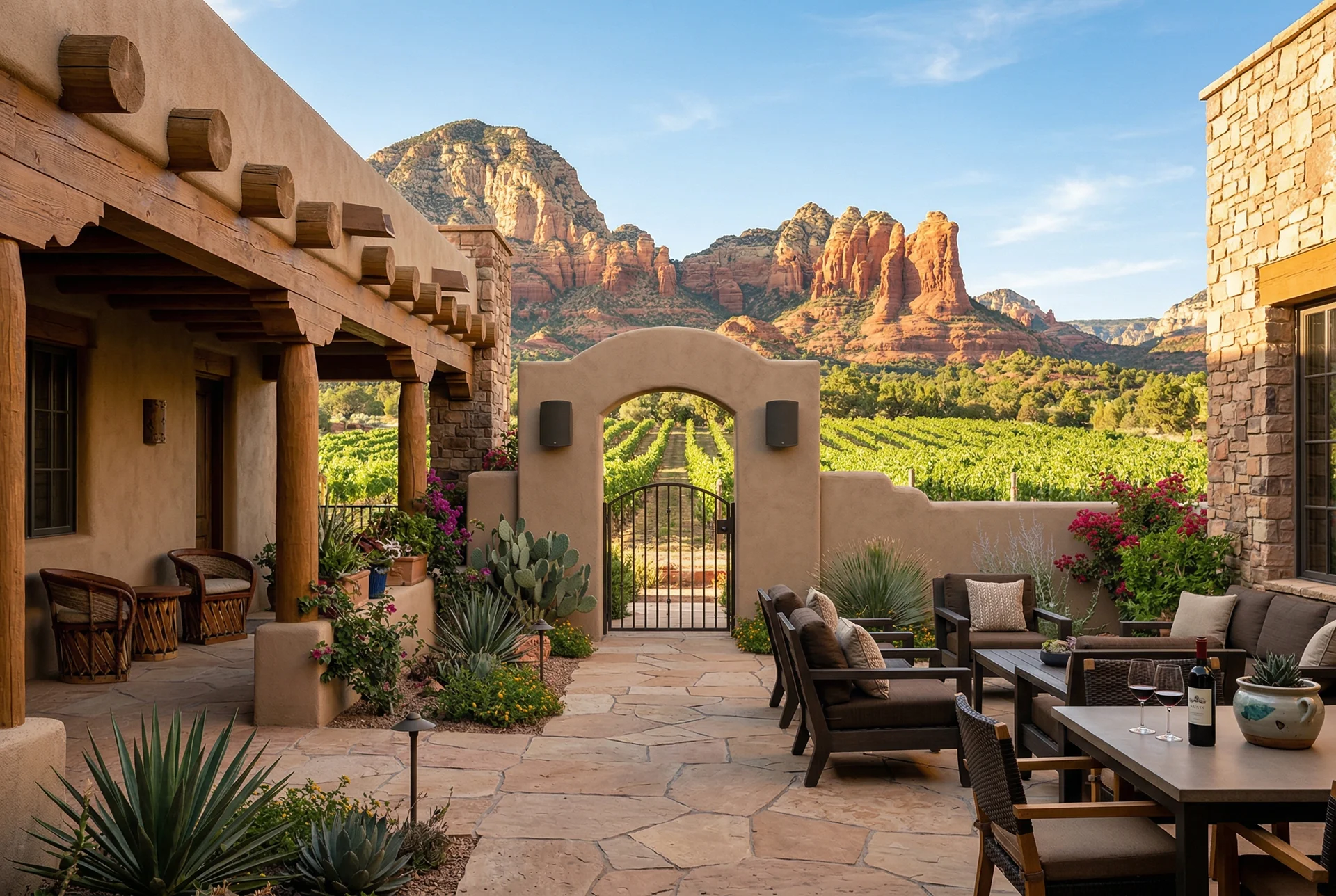 Outdoor courtyard of wine country property with on-wall speakers and vineyard views in background in Sedona Arizona