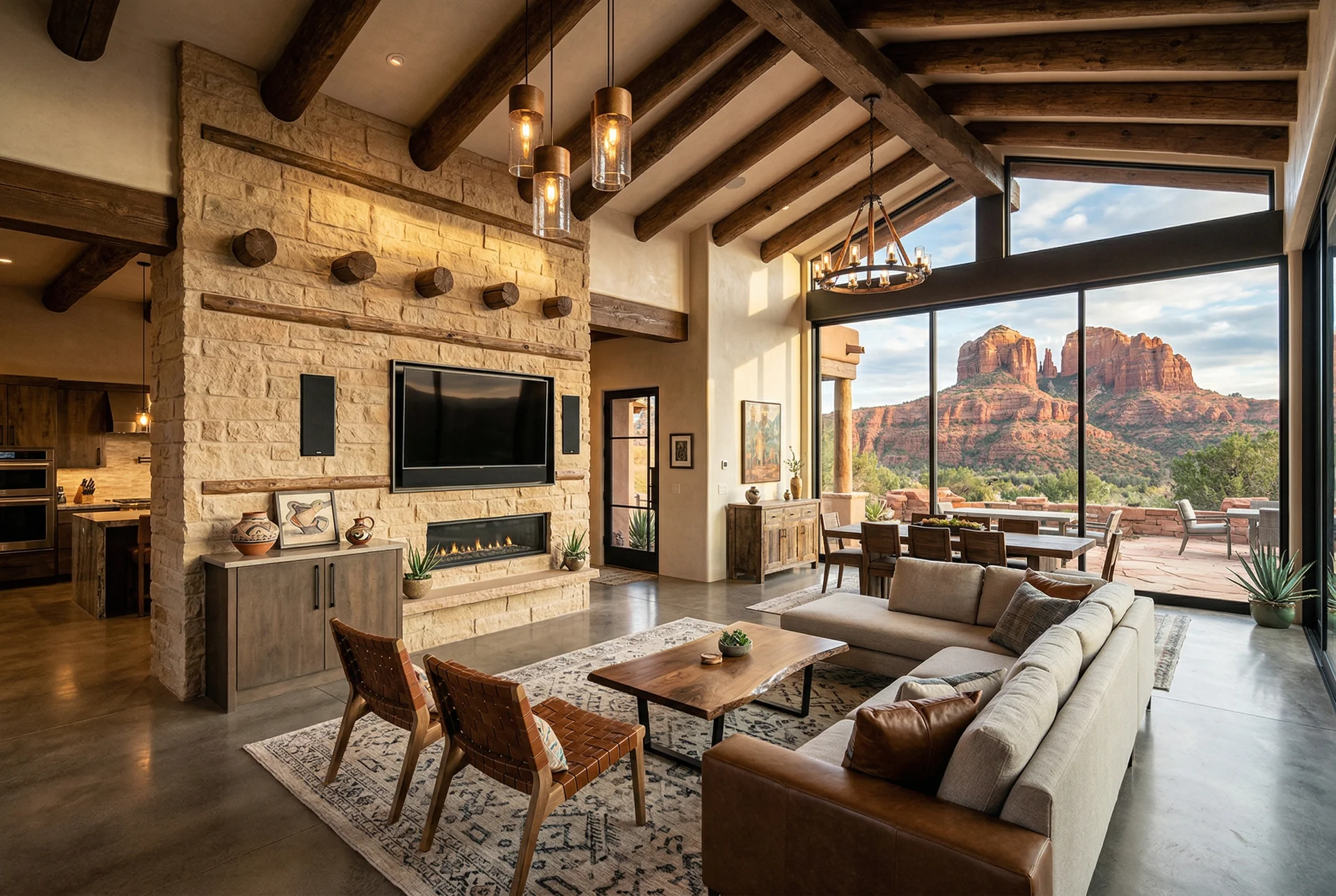Modern great room in Cottonwood Arizona with on-wall speakers in Sedona Arizona