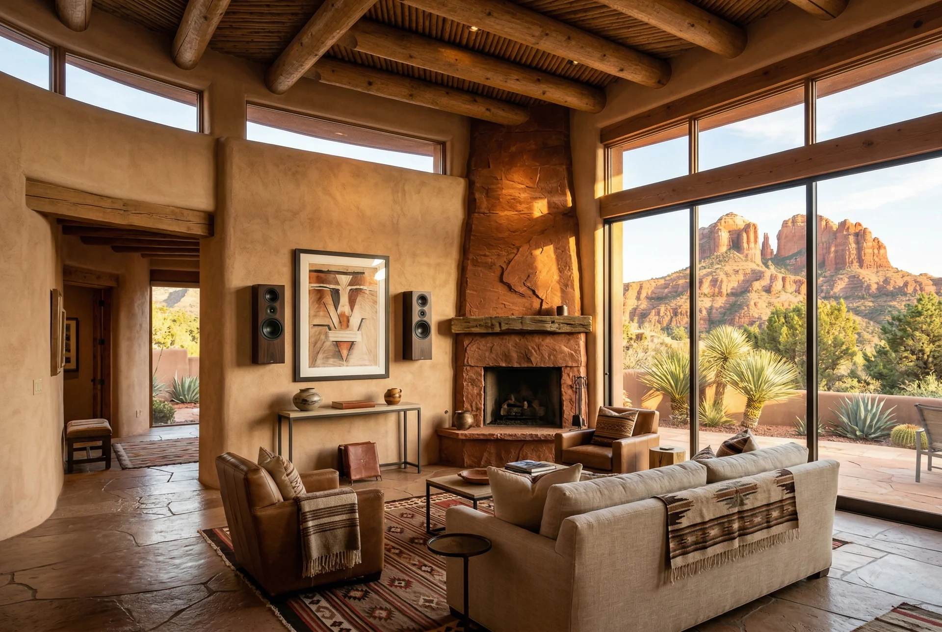 Historic Jerome Arizona building interior with thick masonry walls and on-wall speakers in Sedona Arizona