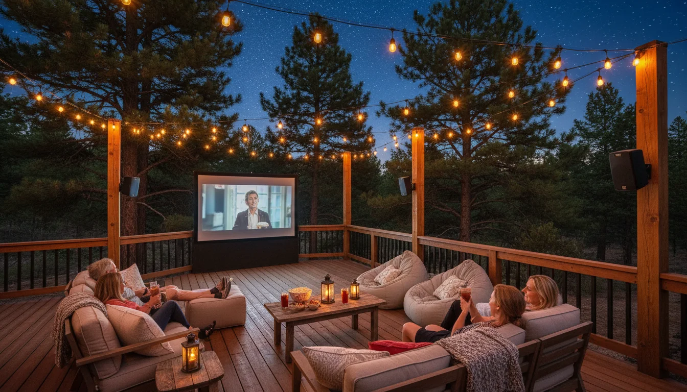 Outdoor home theater setup on a deck in Prescott AZ with ponderosa pines