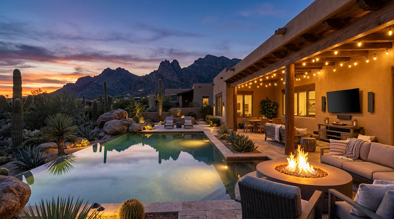 Outdoor audio installation at a Scottsdale AZ luxury home with resort-style pool and patio