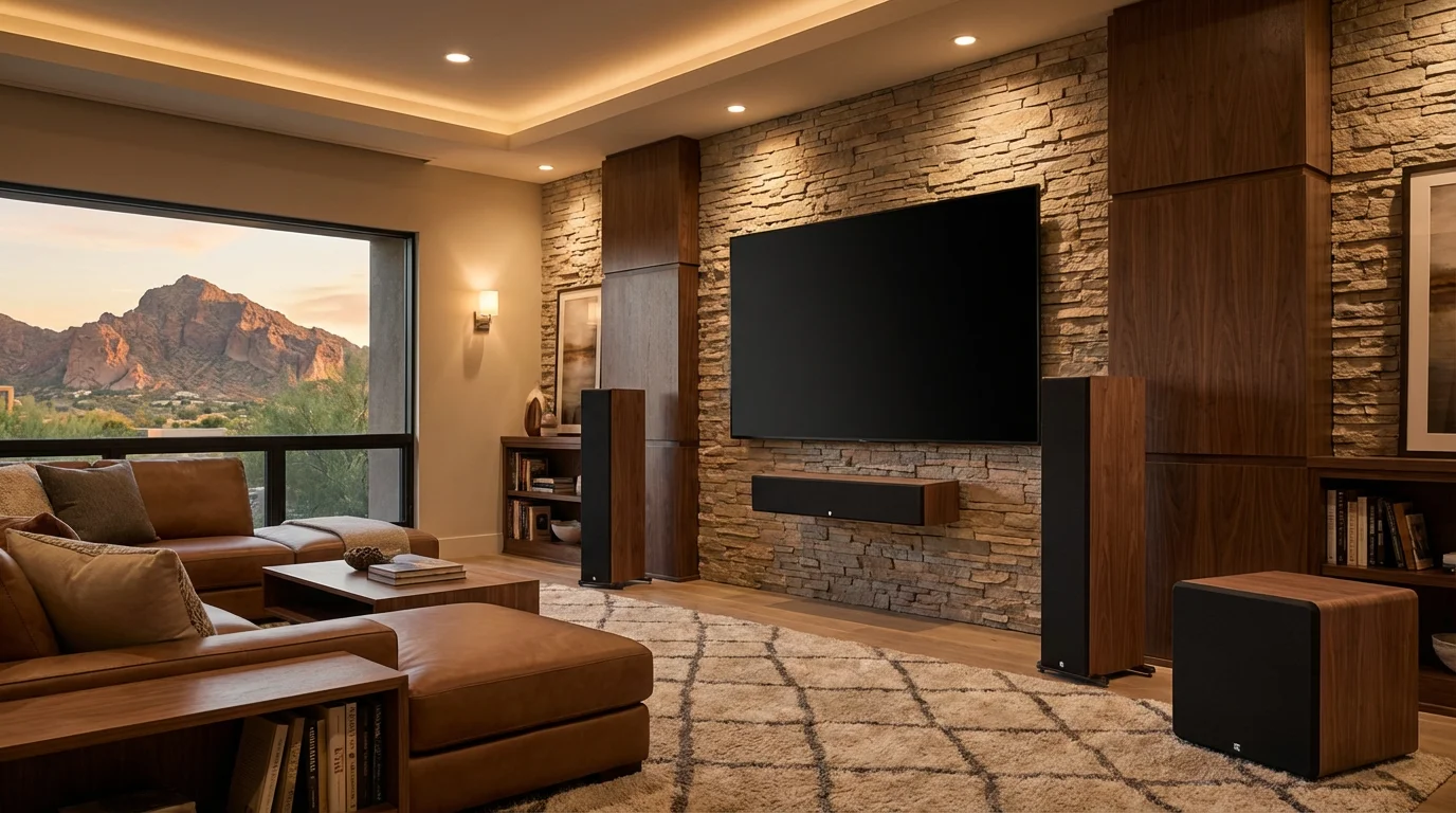 Luxury home theater with tower speakers and custom subwoofer in a Paradise Valley AZ estate home
