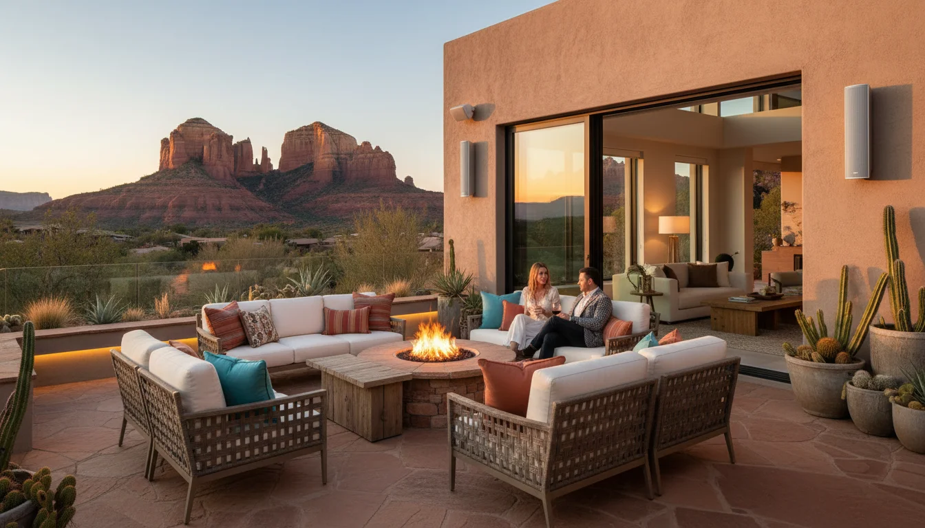 Outdoor audio system on a Sedona AZ patio with Cathedral Rock views at sunset
