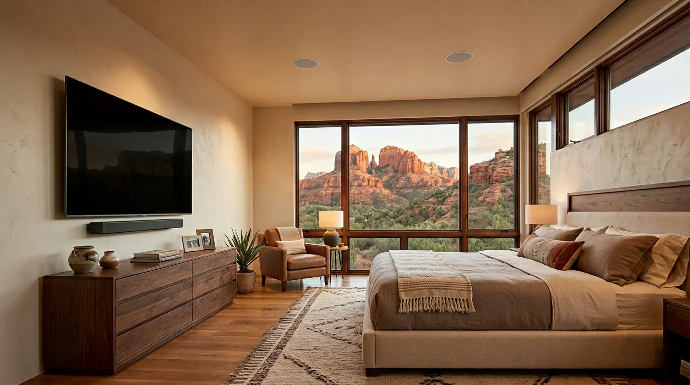 Whole home audio control system in a Sedona AZ luxury residence with red rock views