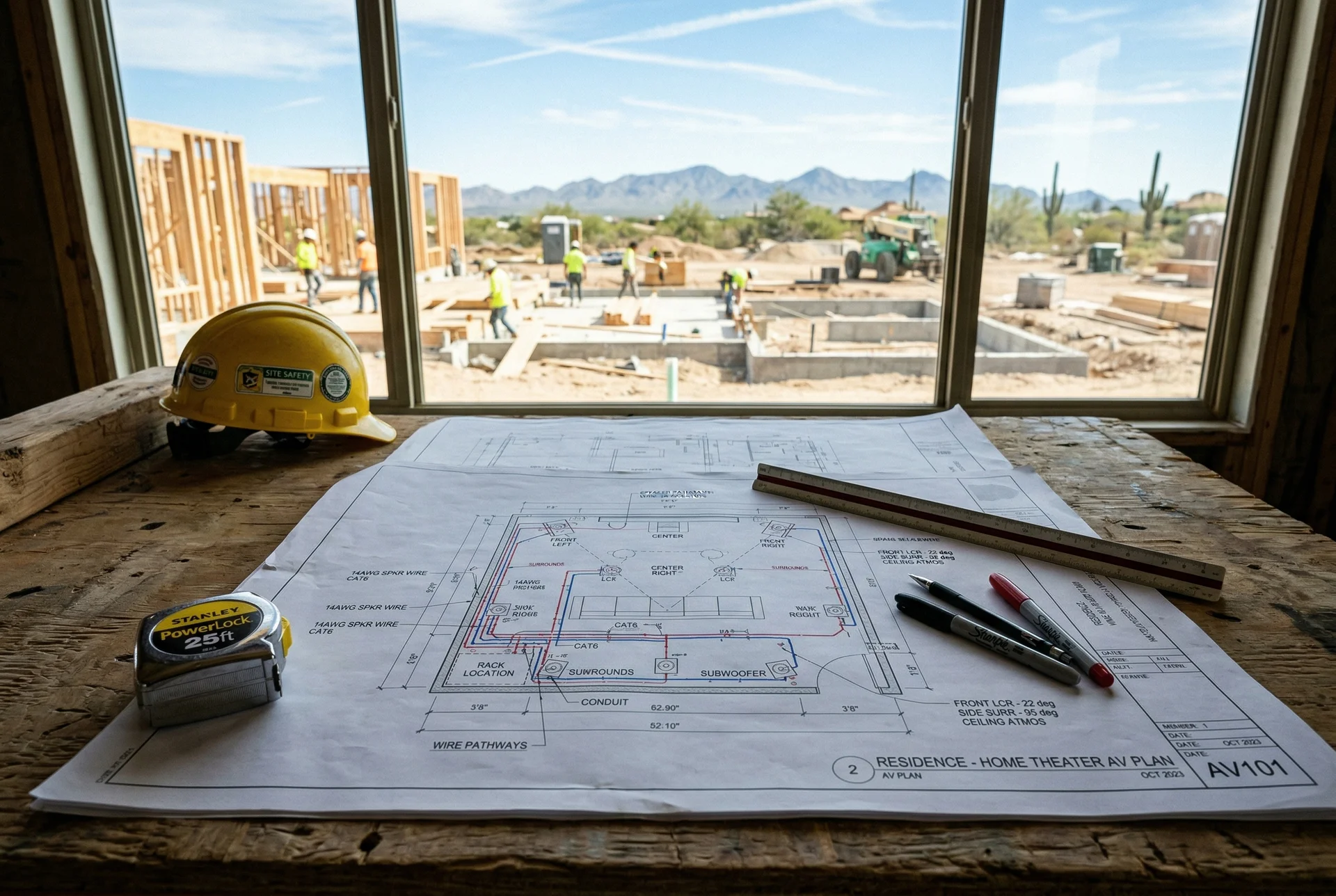 Home theater pre-wire plans on architectural blueprints at Scottsdale construction site