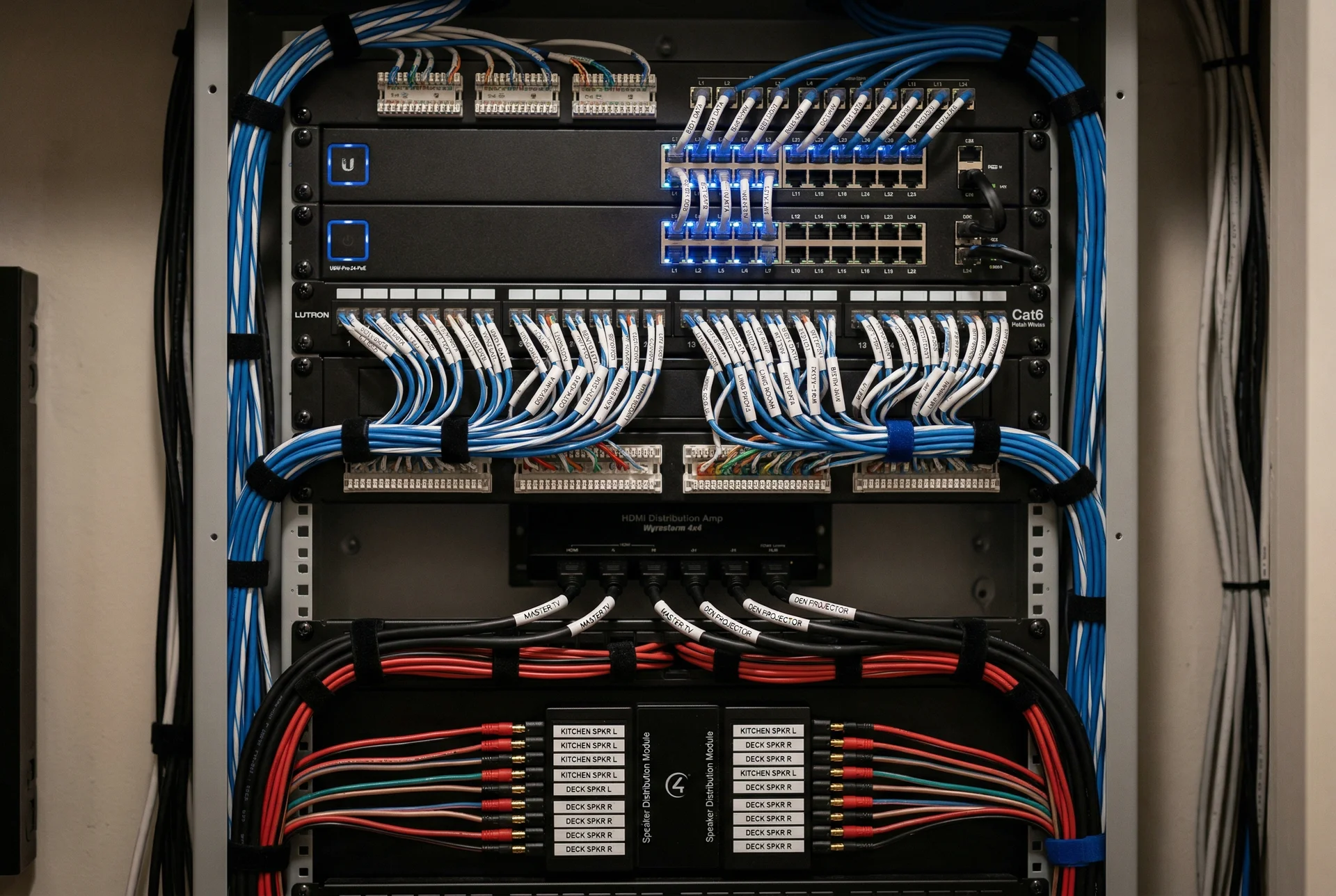 Structured wiring panel with organized cable terminations for Scottsdale home theater