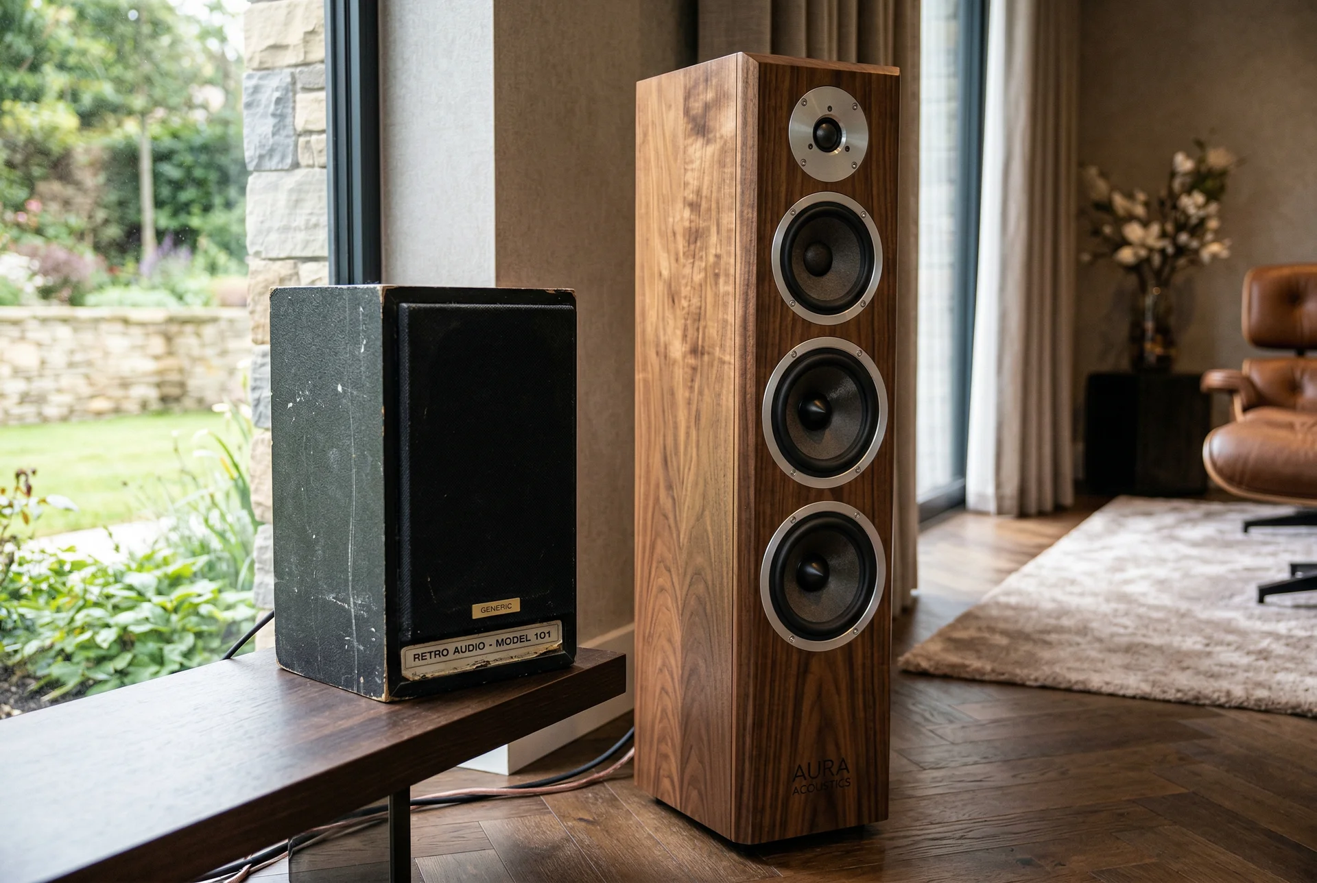 Old bookshelf speaker compared to new custom WubWub Audio tower speaker during Scottsdale renovation