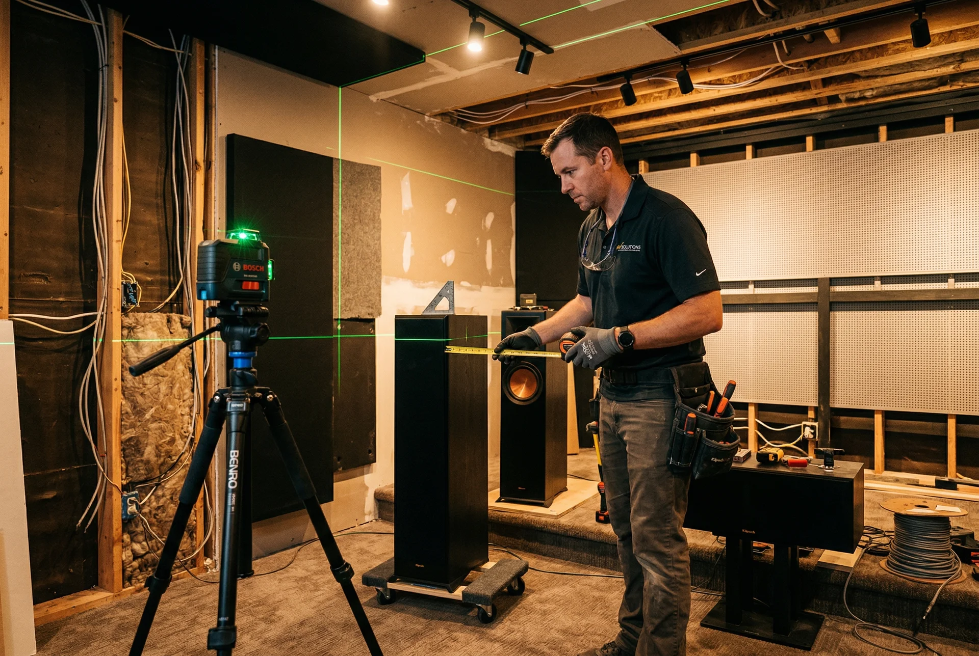 Professional measuring speaker placement angles during Scottsdale home theater renovation