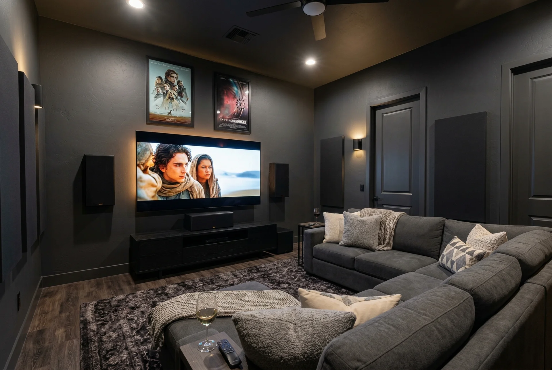 Completed bonus room to home theater conversion in Scottsdale with on-wall speakers and dark walls