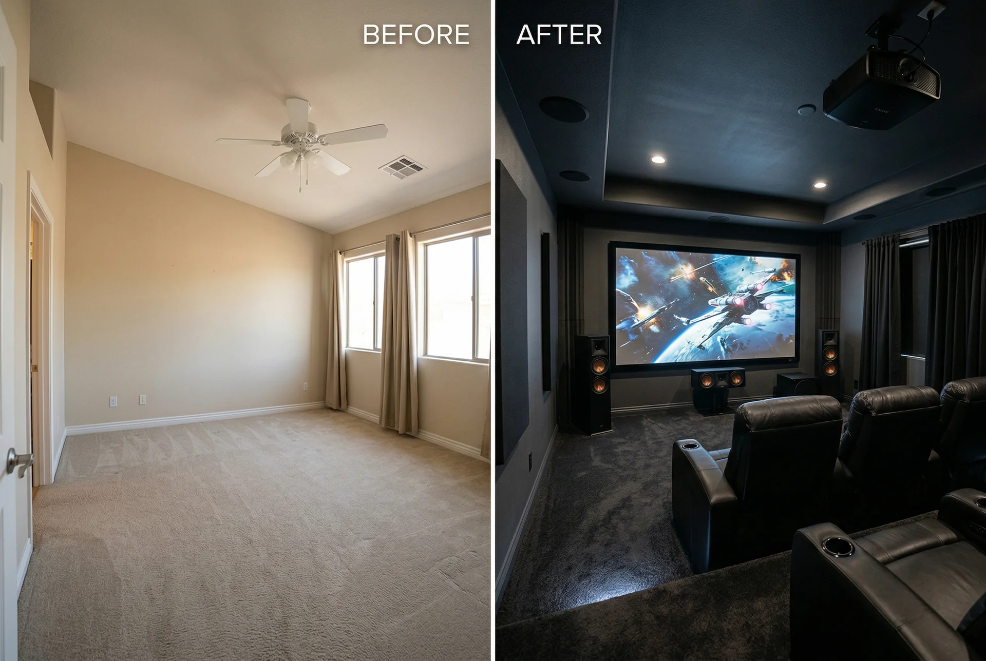 Before and after spare room to home theater conversion in Scottsdale Arizona