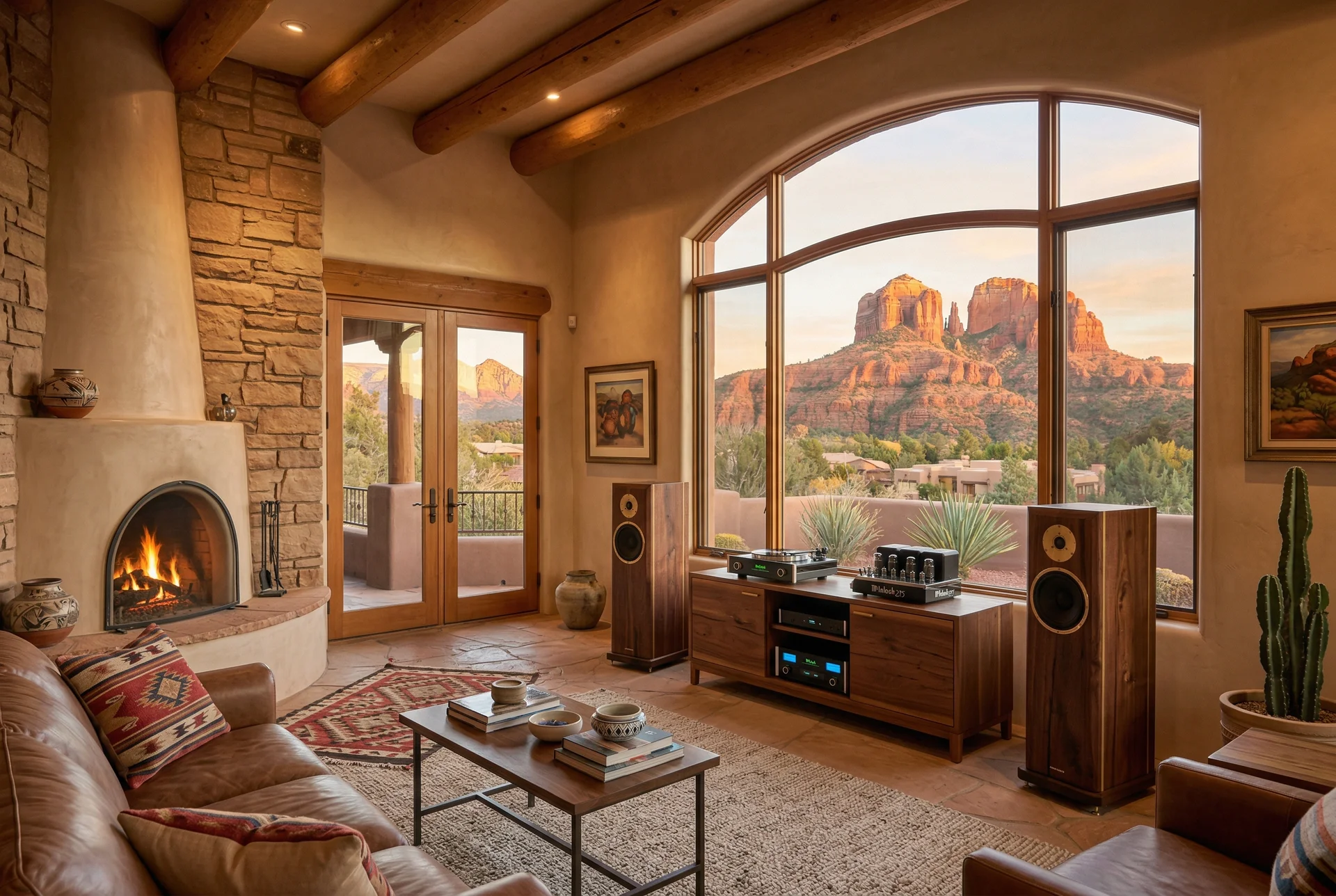 Living room with custom tower speakers in matching finish in Sedona Arizona