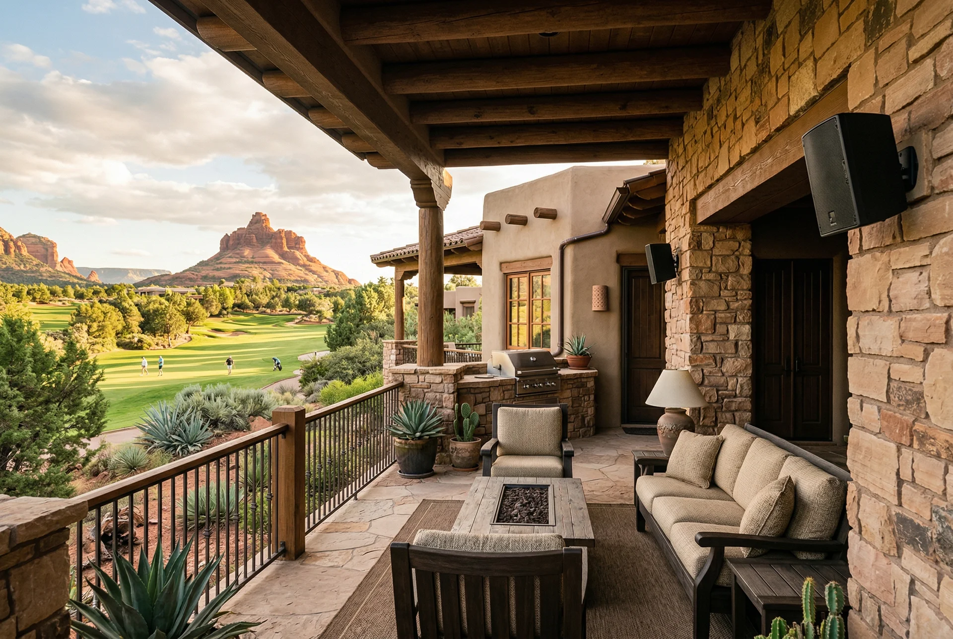 Patio overlooking golf course with on-wall speakers in Sedona Arizona
