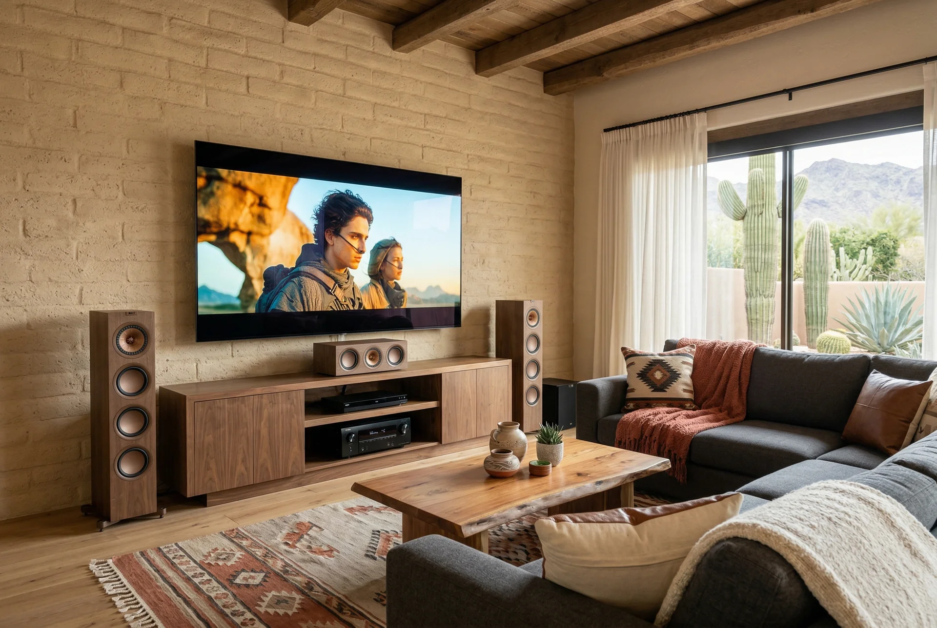 Mid-range home theater installation in Scottsdale living room with tower speakers and 85-inch display