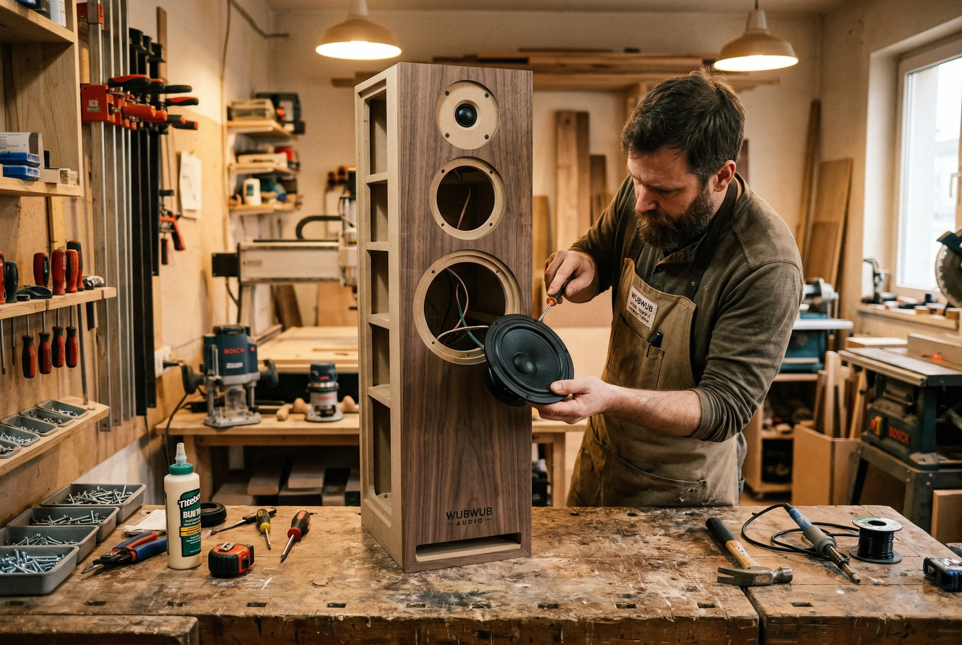 Custom speaker being hand-assembled in Arizona workshop showing CNC-machined cabinet construction