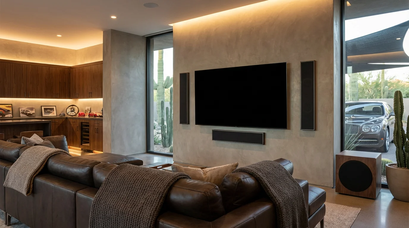 Custom garage lounge audio system with on-wall speakers and walnut subwoofer in a Paradise Valley AZ luxury garage