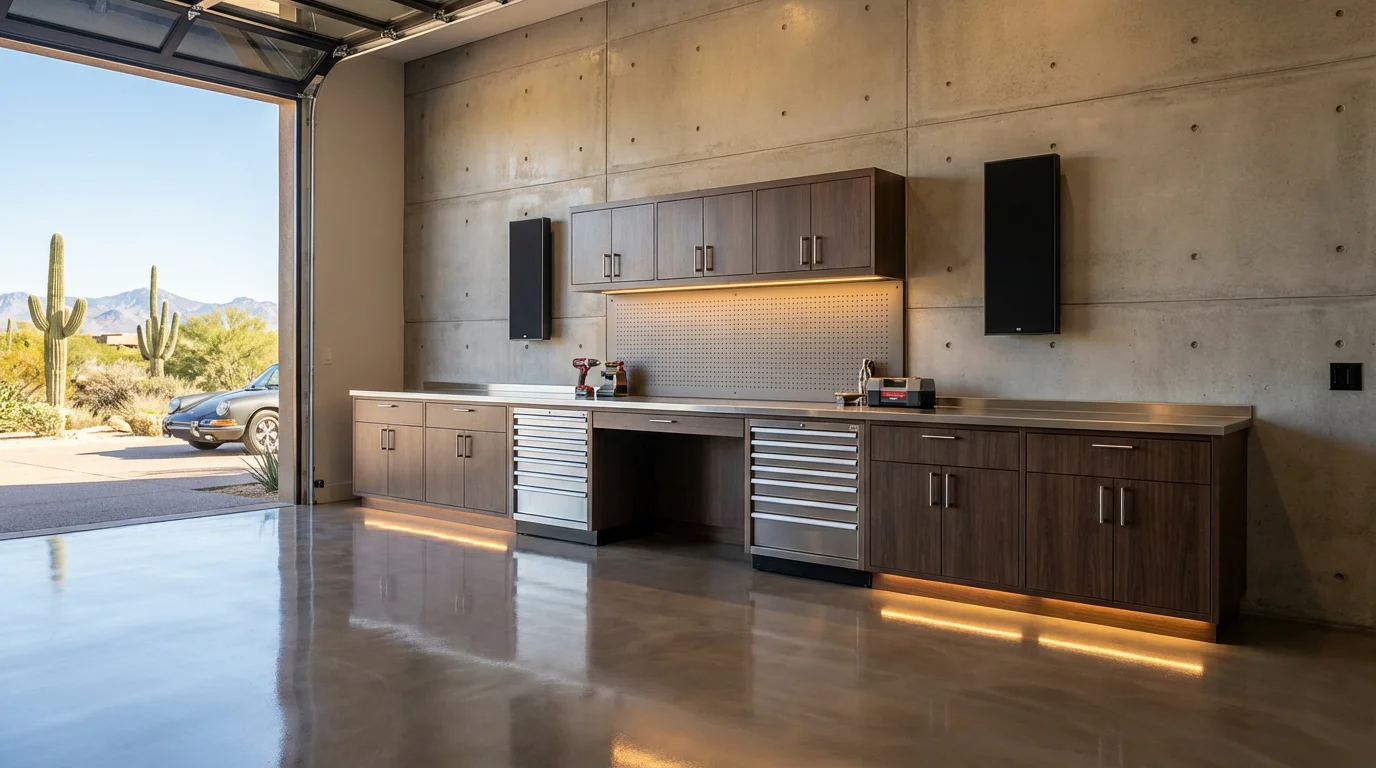 Luxury garage workbench audio zone with on-wall speakers in a Scottsdale AZ custom garage installation