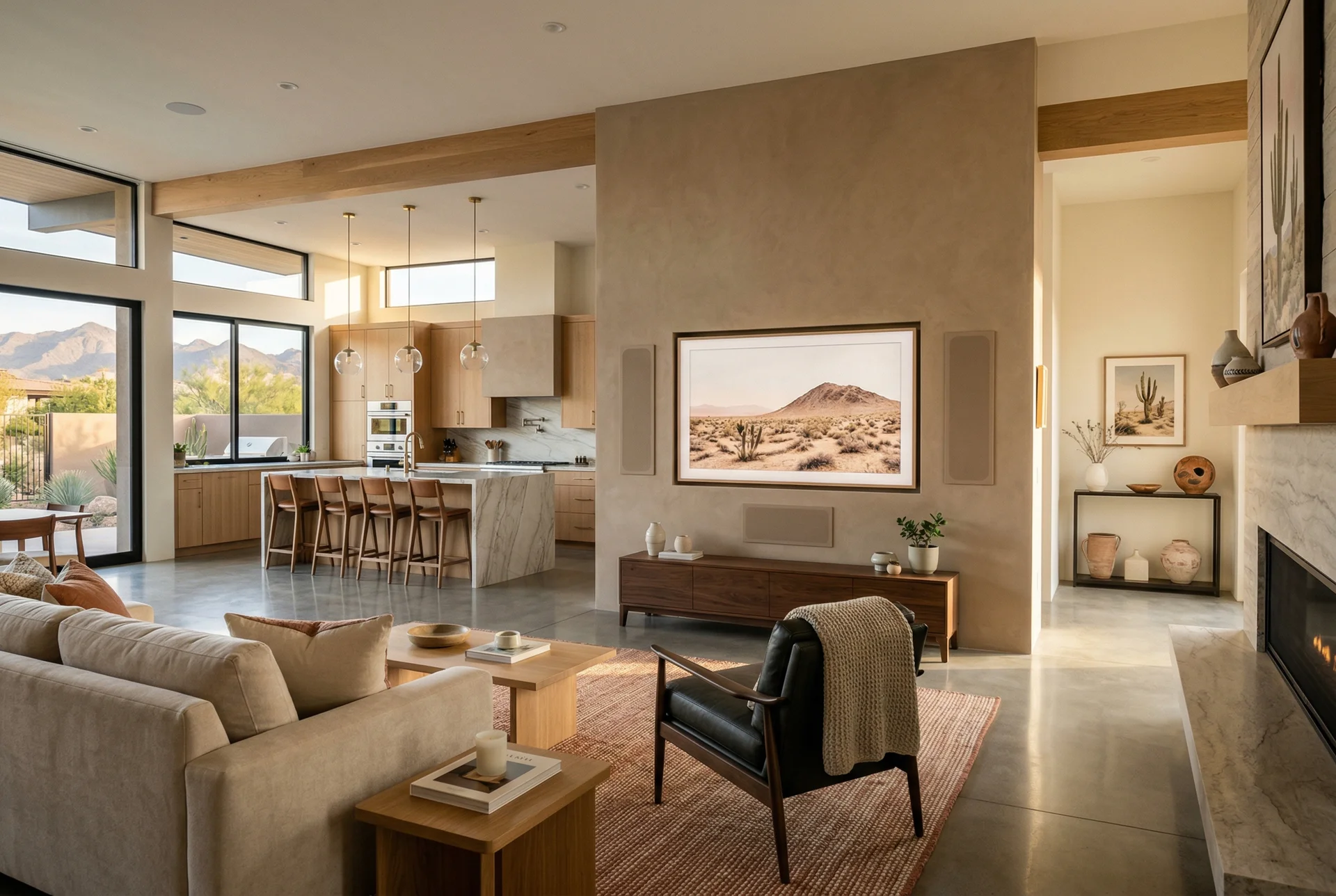 On-wall custom speakers in DC Ranch Scottsdale contemporary desert modern open floor plan