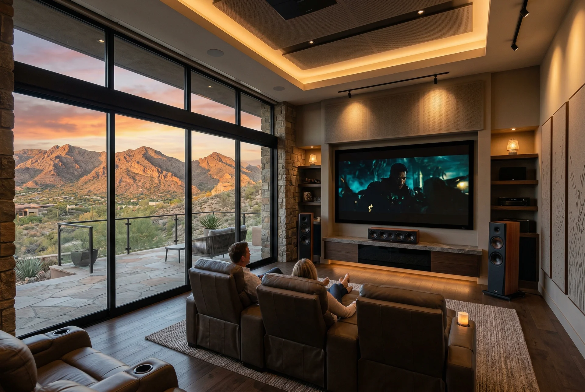 Home theater in Troon Scottsdale hilltop home with McDowell Mountain views through glass walls
