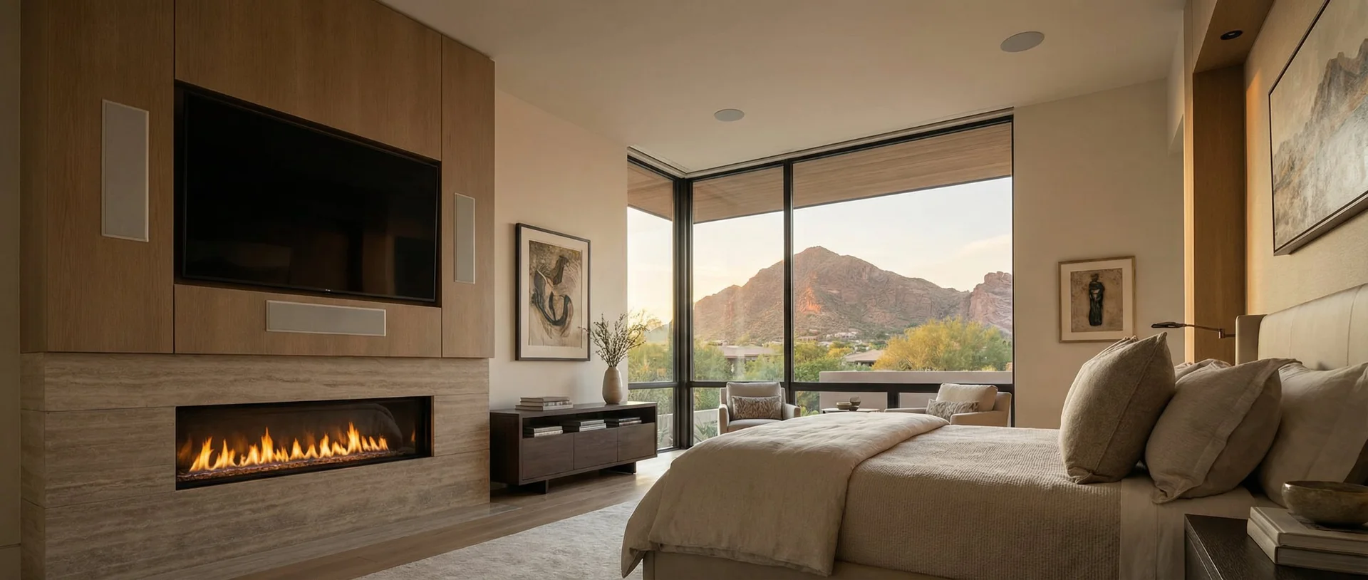 Custom bedroom audio system with on-wall speakers and center channel in a Paradise Valley AZ luxury master suite