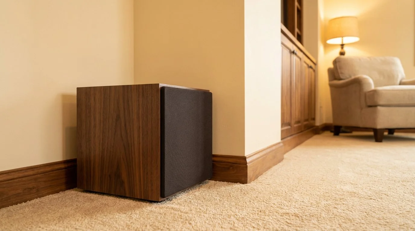 Discreet bedroom subwoofer with walnut wood panels in a luxury Scottsdale AZ master suite audio installation