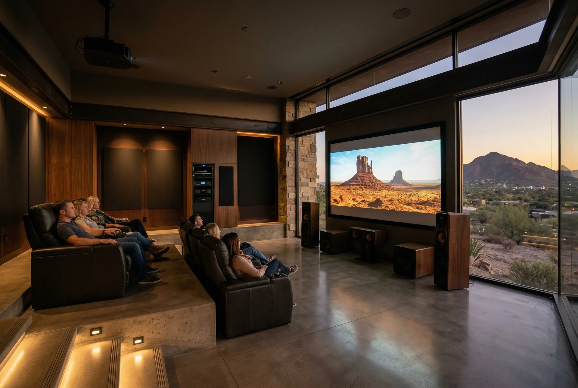 Dedicated dark home theater room with tower speakers in Paradise Valley Arizona home