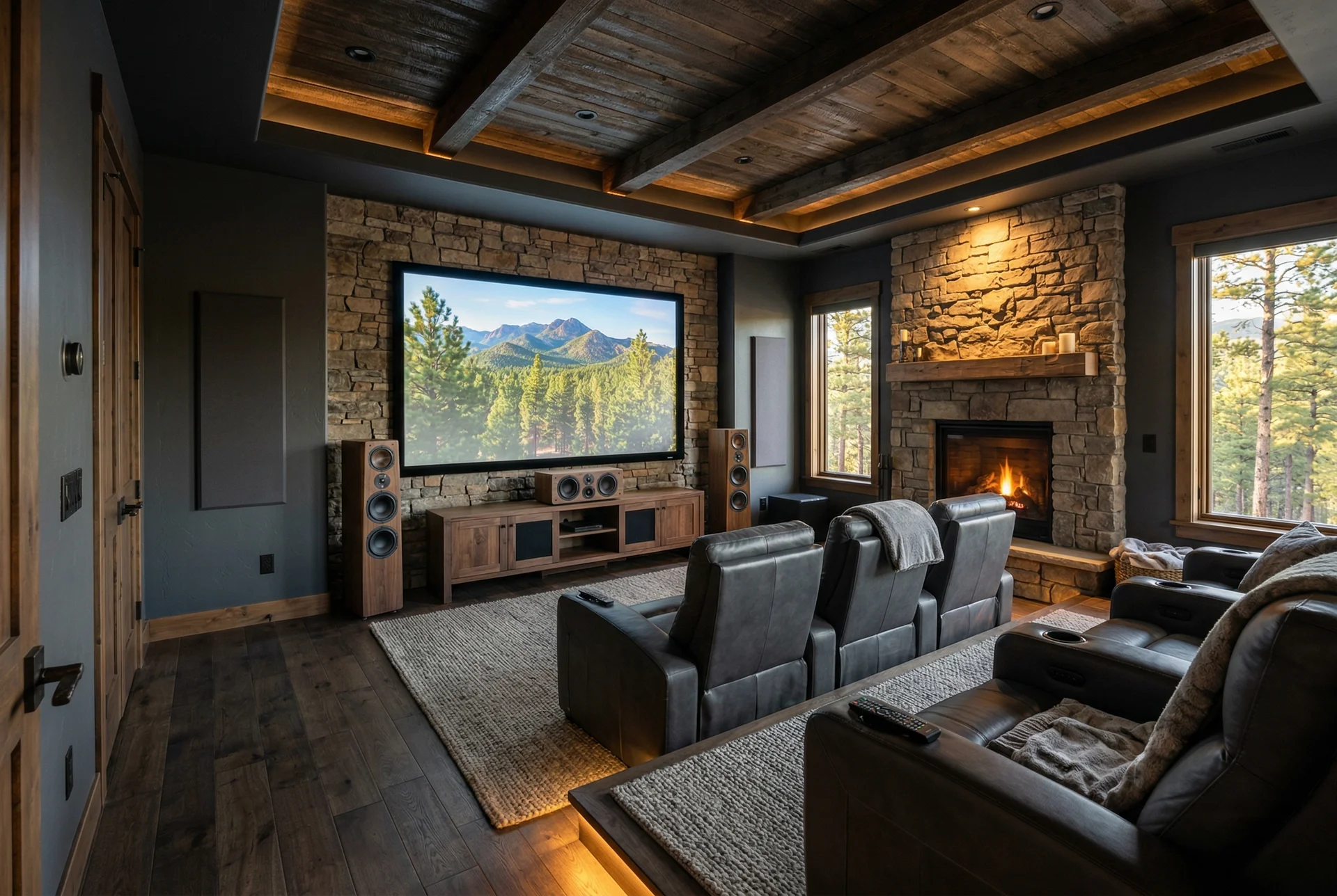 Dedicated theater room in mountain home with tower speakers and dark walls in Prescott Arizona
