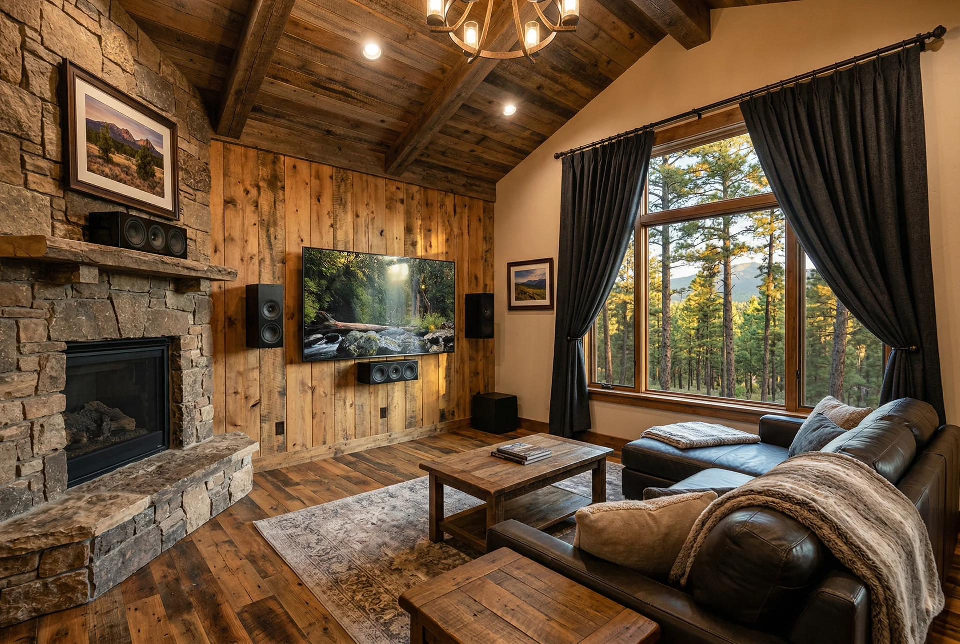 Blackout curtains and on-wall speakers in converted ranch home media room in Prescott Arizona