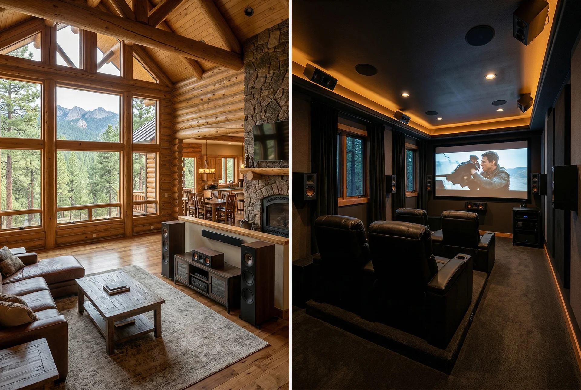 Open-plan living room with speakers versus enclosed theater room comparison in Prescott Arizona